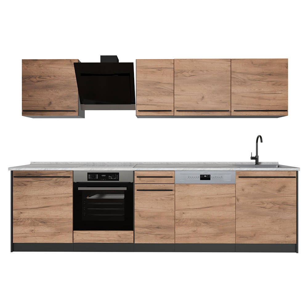 KÜCHENZEILE R-Line, Goldkraft Eiche/Weiß, 280 cm Arbeitsplatte Marmor - Honigeiche/Weiß, Holzwerkstoff (280/206.8/60cm) - Vicco