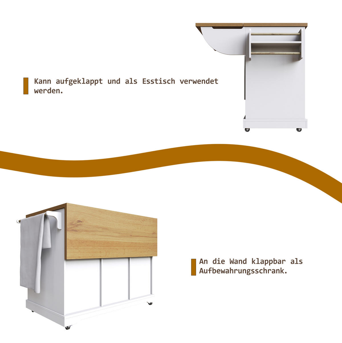 KUHINJSKI voziček 147/44/93 cm, zložljiv in raztegljiv z velikim shranjevalnim prostorom iz MDF, Bela - bela, leseni material (147/93/44cm) - Redom