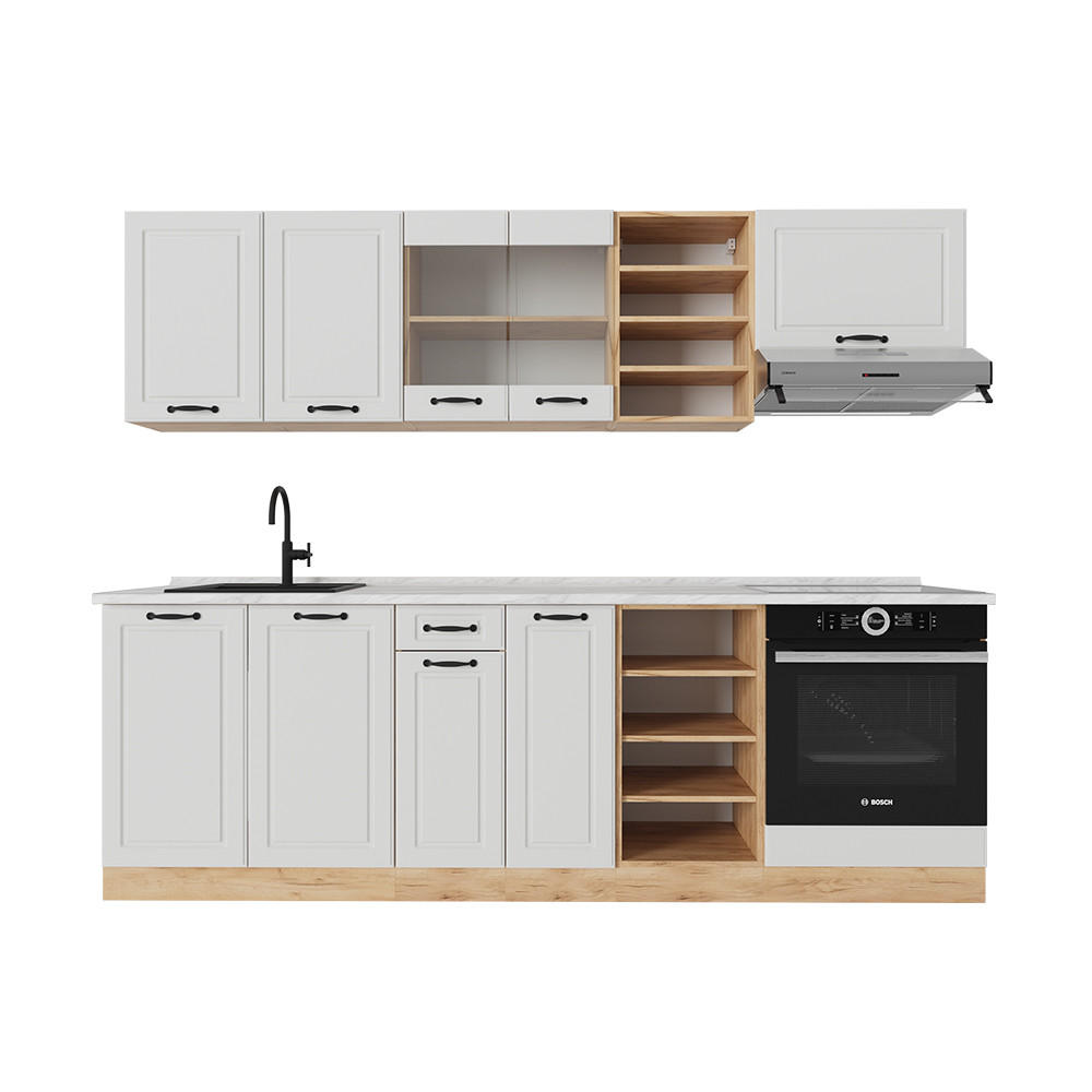 KÜCHENZEILE R-Line Weiß Landhaus/Goldkraft Eiche 240 cm , AP Marmor - Eiche Wotan/Creme, Holzwerkstoff (240/81.6/60cm) - Vicco