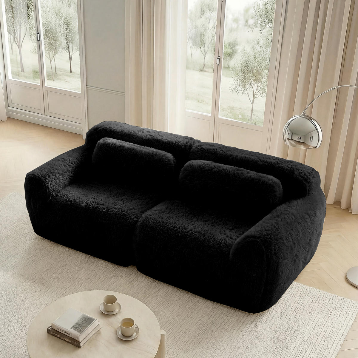 2-SITZER Sofa aus Plüsch mit modularem Design, schwarz - Schwarz, Textil (104/73/204cm)