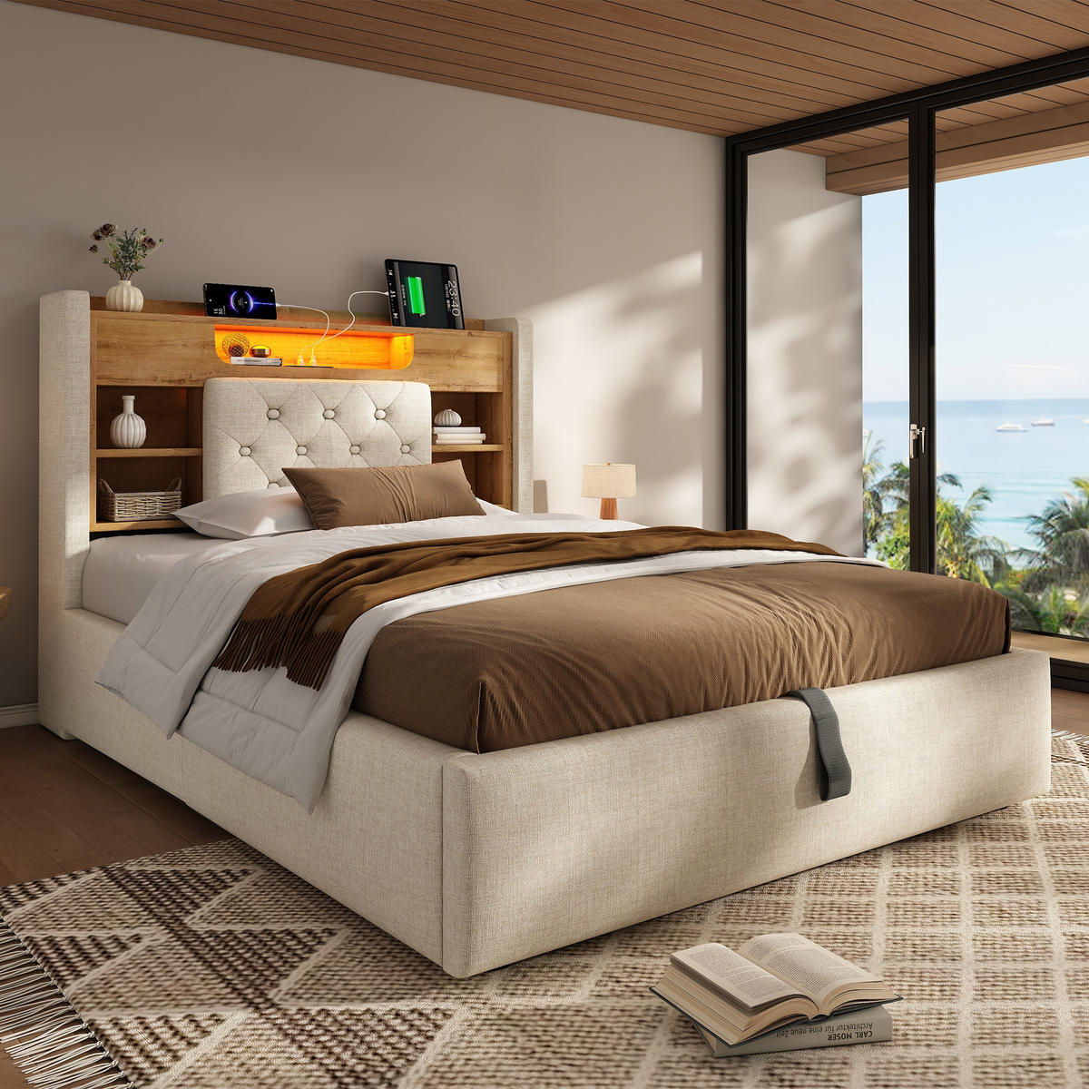 POLSTERBETT 90/200 cm Beige mit LED-Beleuchtung und Stauraum-Kopfteil - Beige, Textil (90/200cm) - Oxeza