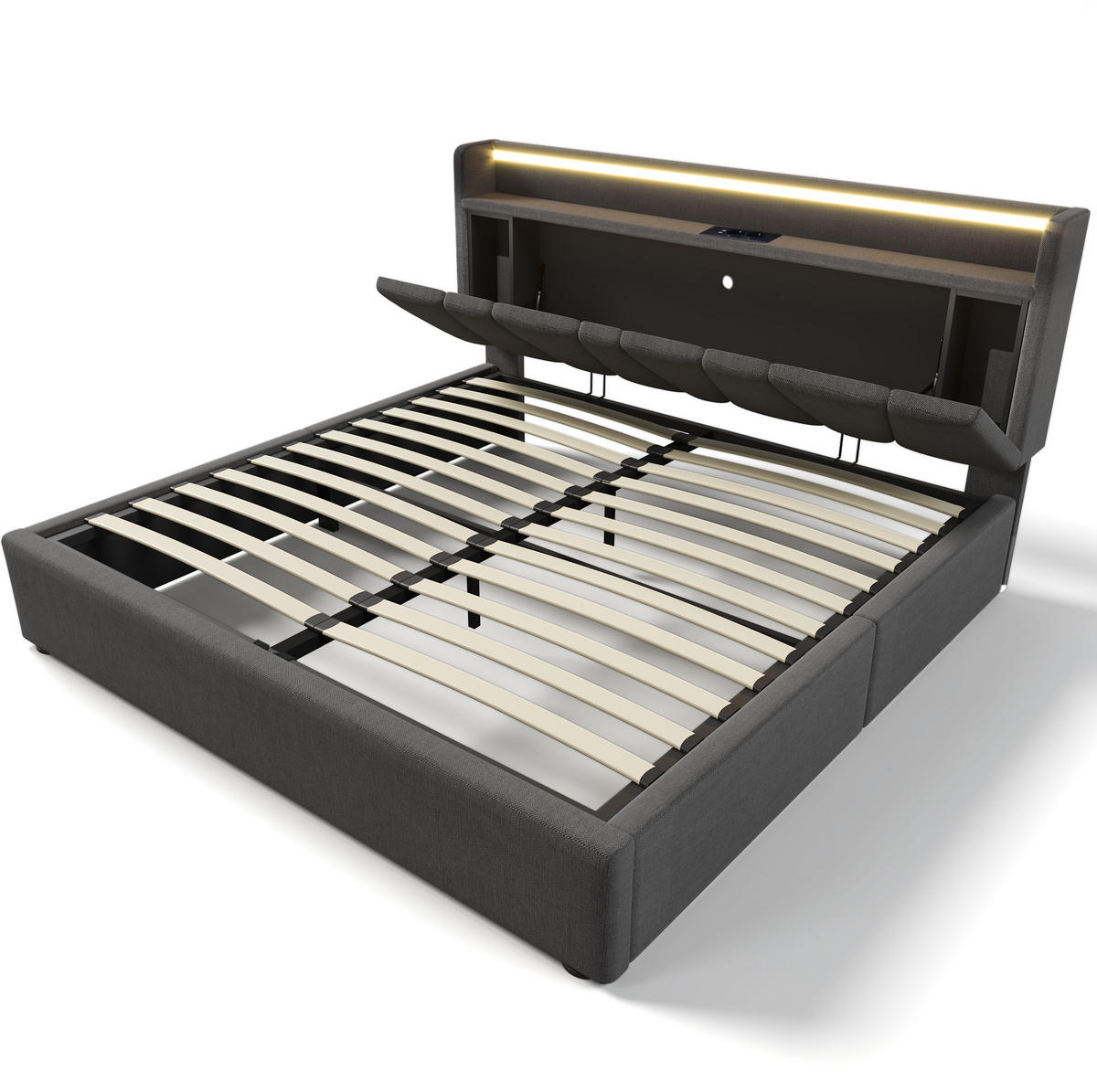 POLSTERBETT 140/200 cm mit LED-Beleuchtung, Stauraum-Kopfteil und USB in Grau - Grau, Textil (140/200cm) - BEAOK