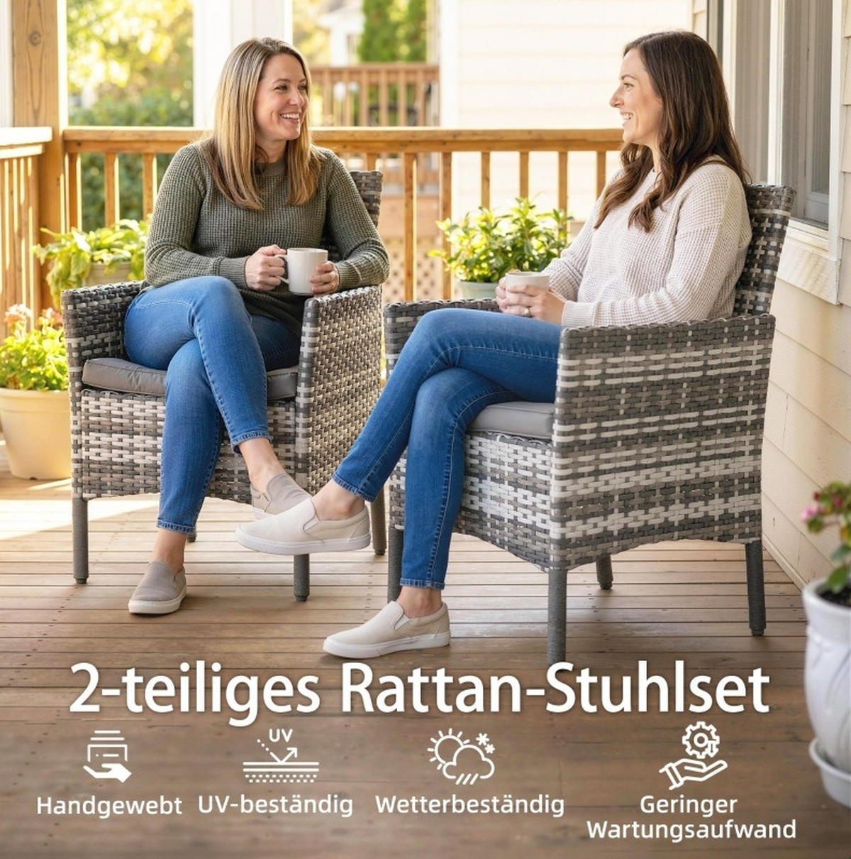 SET 2 záhradných stoličiek 62/58/87 cm sivý s poduškami a podrúčkami z PE ratanu - sivá, plast (58/87/62cm) - OKWISH