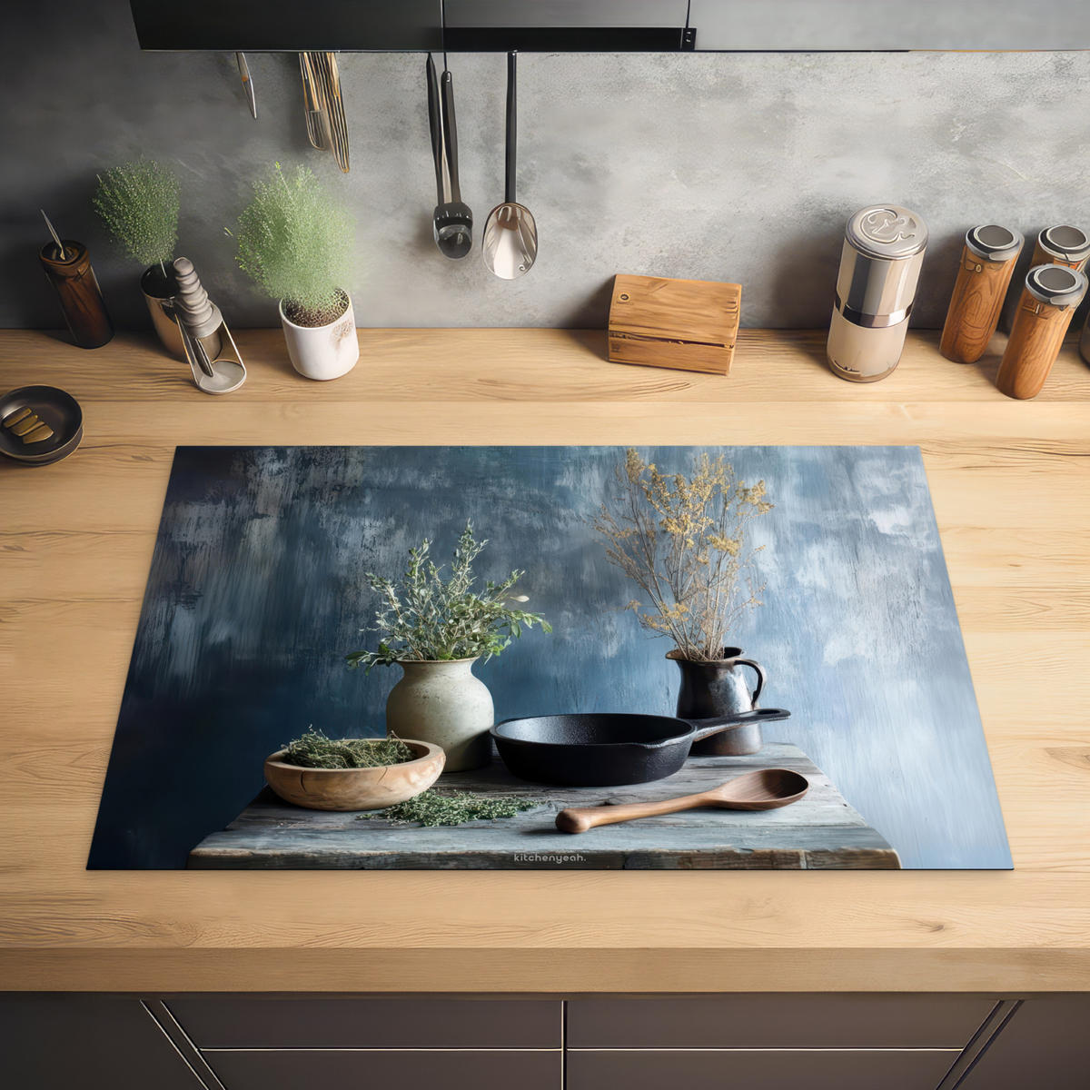 HERDABDECKPLATTE Stilleben - Kräuter - Rustikal Ceranfeldabdeckung 80x52 cm - Blaugrau, Kunststoff (80/52/0.2cm) - MuchoWow