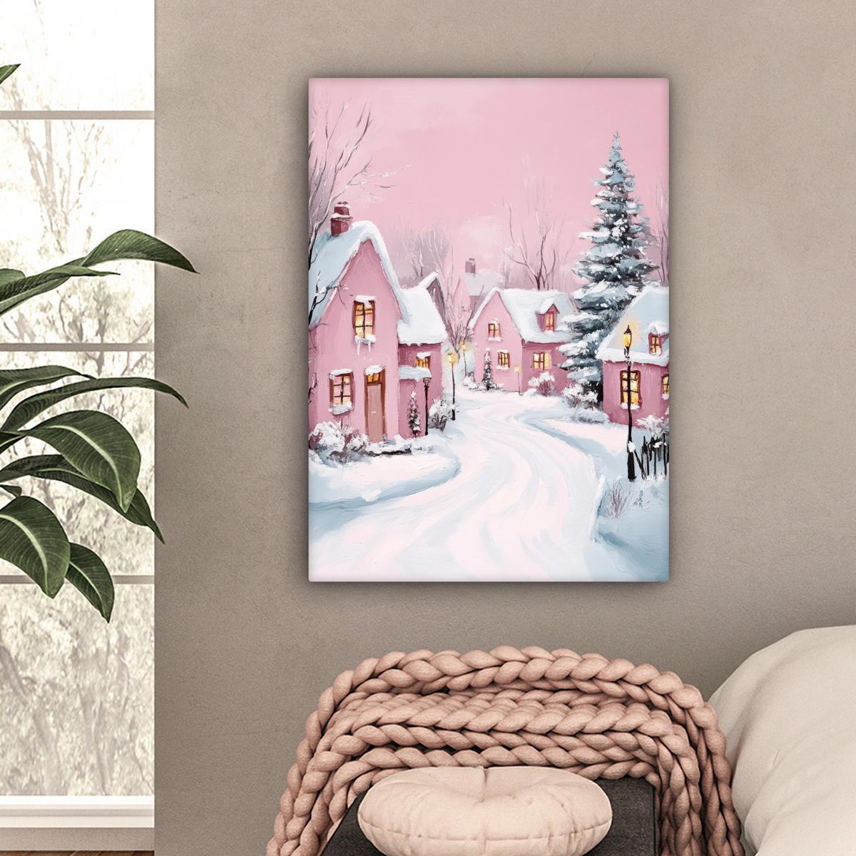 LEINWANDBILD Weihnachtsdorf - Rosa - Winter - Schnee - Häuser Wandbild Wohnzimmer 60x80 cm - Altrosa, Textil (60/80cm) - MuchoWow