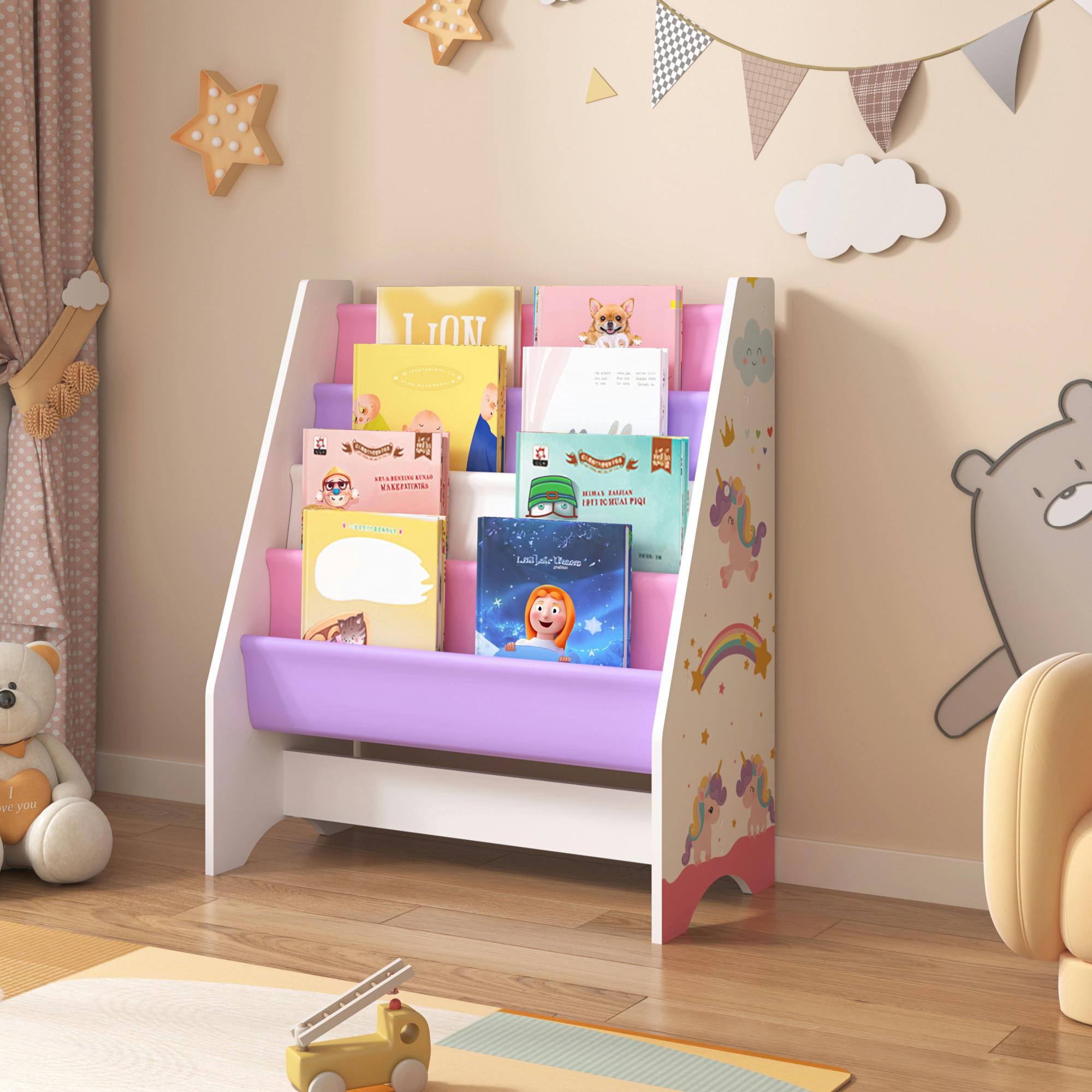 KINDERREGAL Fisterra - Lila/Weiß, Holzwerkstoff/Textil (62/74/29cm) - [en.casa]