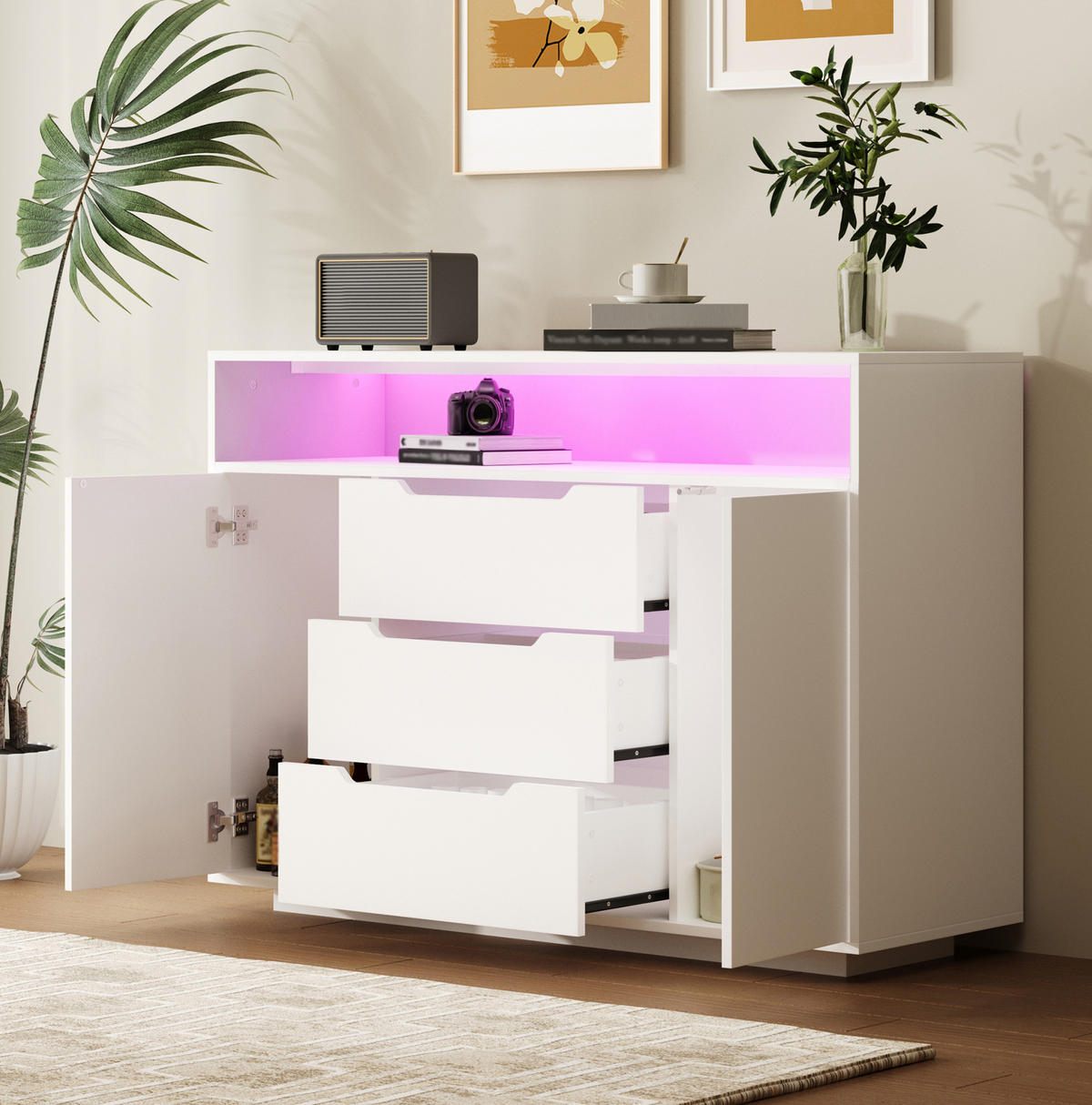 SIDEBOARD 120/40/85 cm mit 2 Türen, 3 Schubladen & LED in Weiß Matt - Weiß, Holzwerkstoff (120/85/40cm) - BEAOK