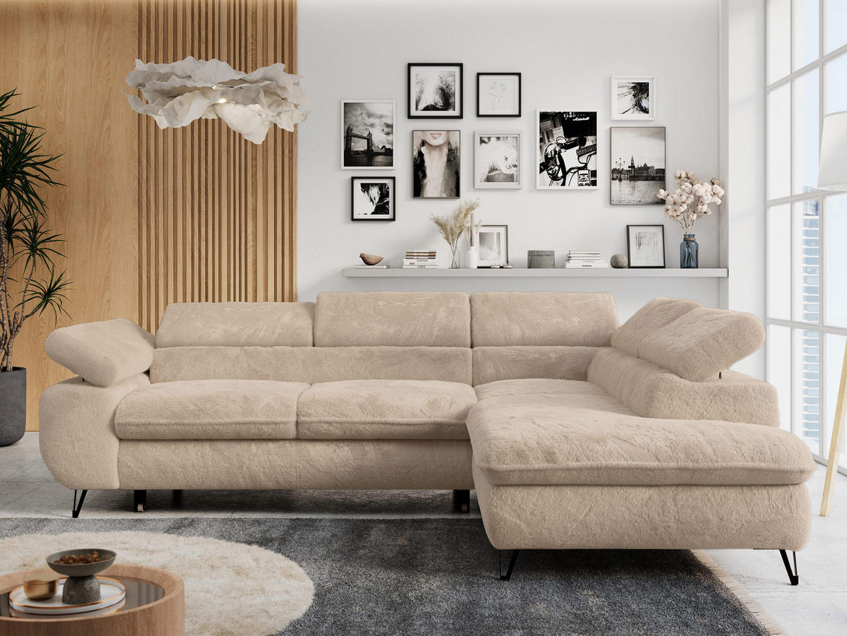 ECKSOFA PETER L Beige Plüsch - Rechts Seite - Beige/Schwarz, Textil/Metall (273/208cm) - MKS