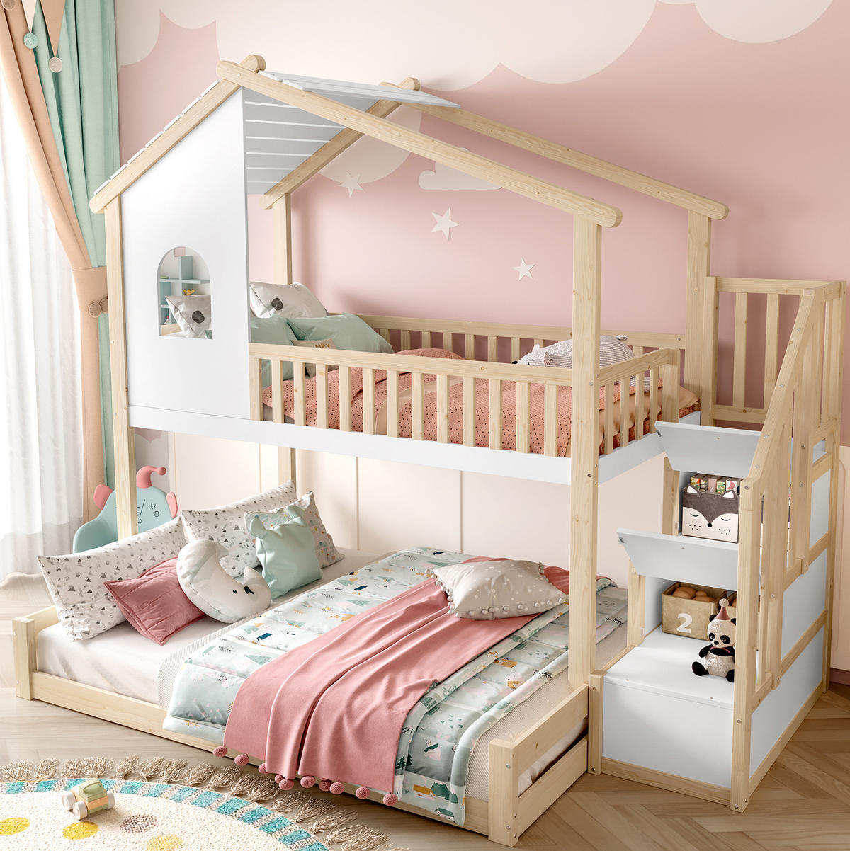 ETAGENBETT aus Kiefernholz 90x200/140x200 cm Natur/Weiß mit Stauraumleiter, Hausform, Fenster und Bettgitter - Naturfarben, Holzwerkstoff (90/200cm) - Modfu