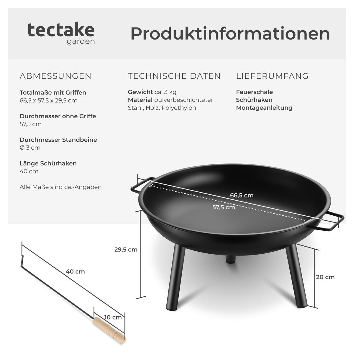 FEUERSCHALE Diablo, inkl. Schürhaken, 66,5 x 57,5 x 29,5 cm, schwarz - Schwarz, Metall (66.5/29.5/57.5cm) - tectake