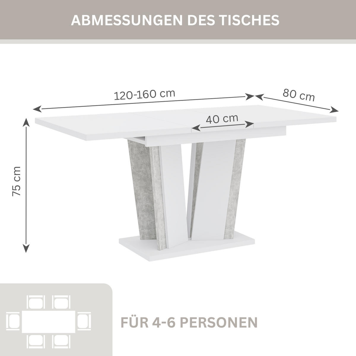 ESSTISCH Ausziehbar 120 - 160 cm Weiß und Grau Betonoptik - Weiß/Grau, Holzwerkstoff (120/80/75cm) - PROSPERO