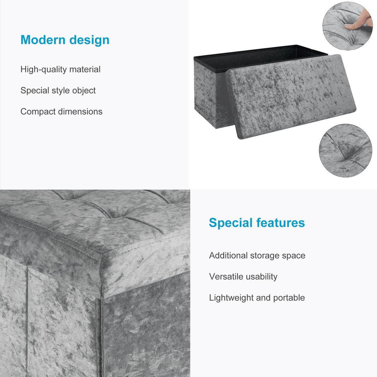 SITZBANK Faltbar mit Samtbezug 76/38/38 cm (Grau) - Grau, Karton (38/38/76cm) - Intirilife