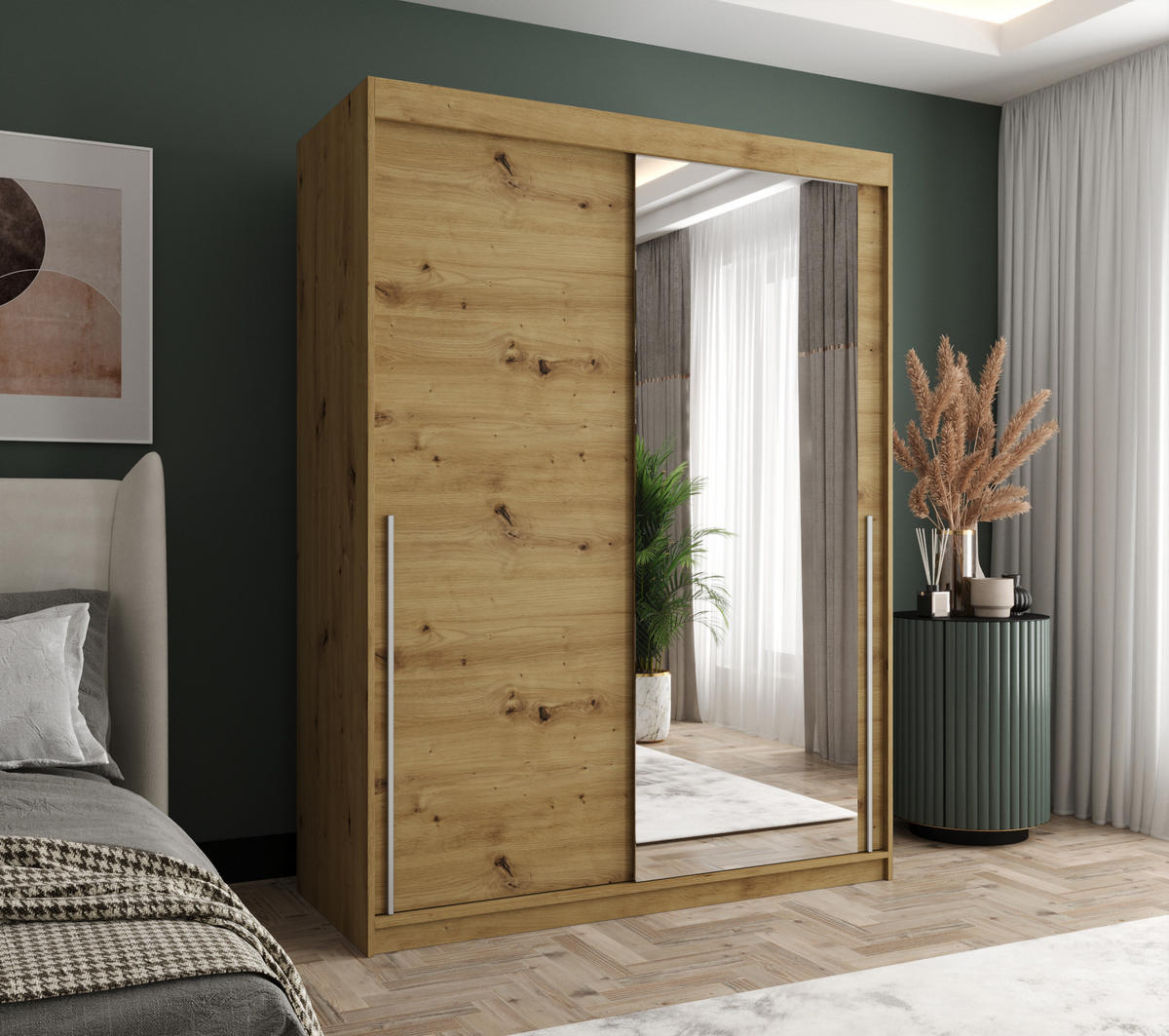 SCHIEBETÜRENSCHRANK mit Spiegel 150 cm Breite Artisan mit silbernem Griff - Silberfarben/Eiche Artisan, Holzwerkstoff (250/200/62cm) - Home Collective