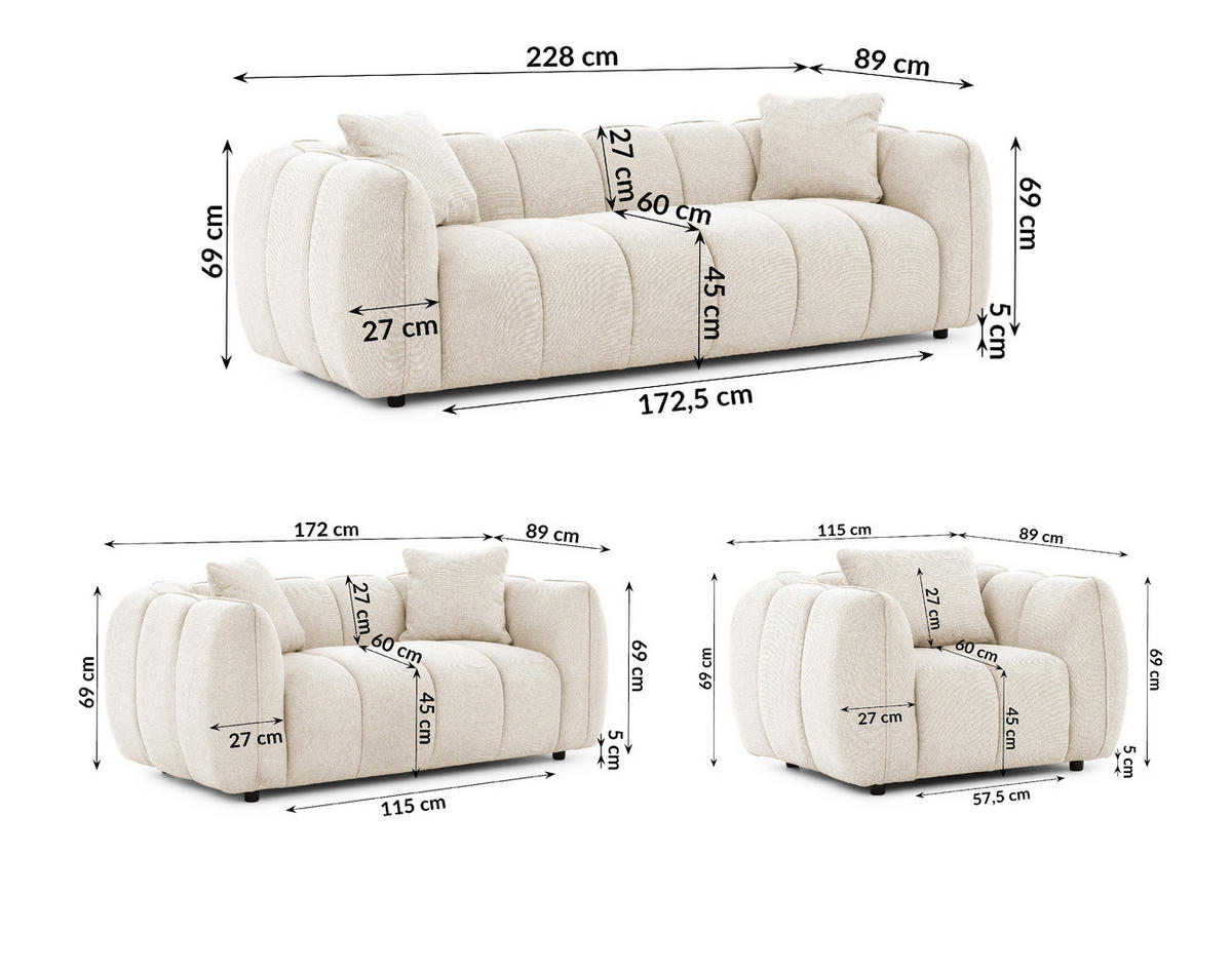 SITZGARNITUR 3+2+1 Nubira in tief gesteppter Bubble-Optik aus weichem Hellbeige Strukturstoff im modernen Design - Beige/Schwarz, Holz/Kunststoff (228/69/89cm) - S-Style Möbel