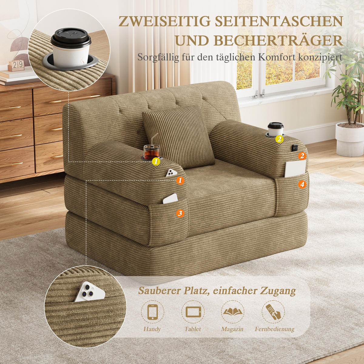 ROZKLÁDACÍ KŘESLO Khaki z manšestru s držáky nápojů - písková barva, textil (107/81/80cm) - Urban Meuble