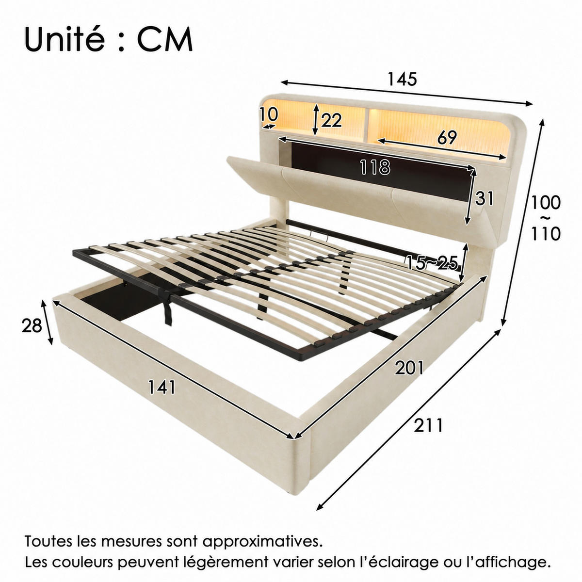 POLSTERBETT 140/200 mit Bettkasten, LED und USB in Beige - Beige, Holzwerkstoff/Textil (140/200cm) - EVRYAE