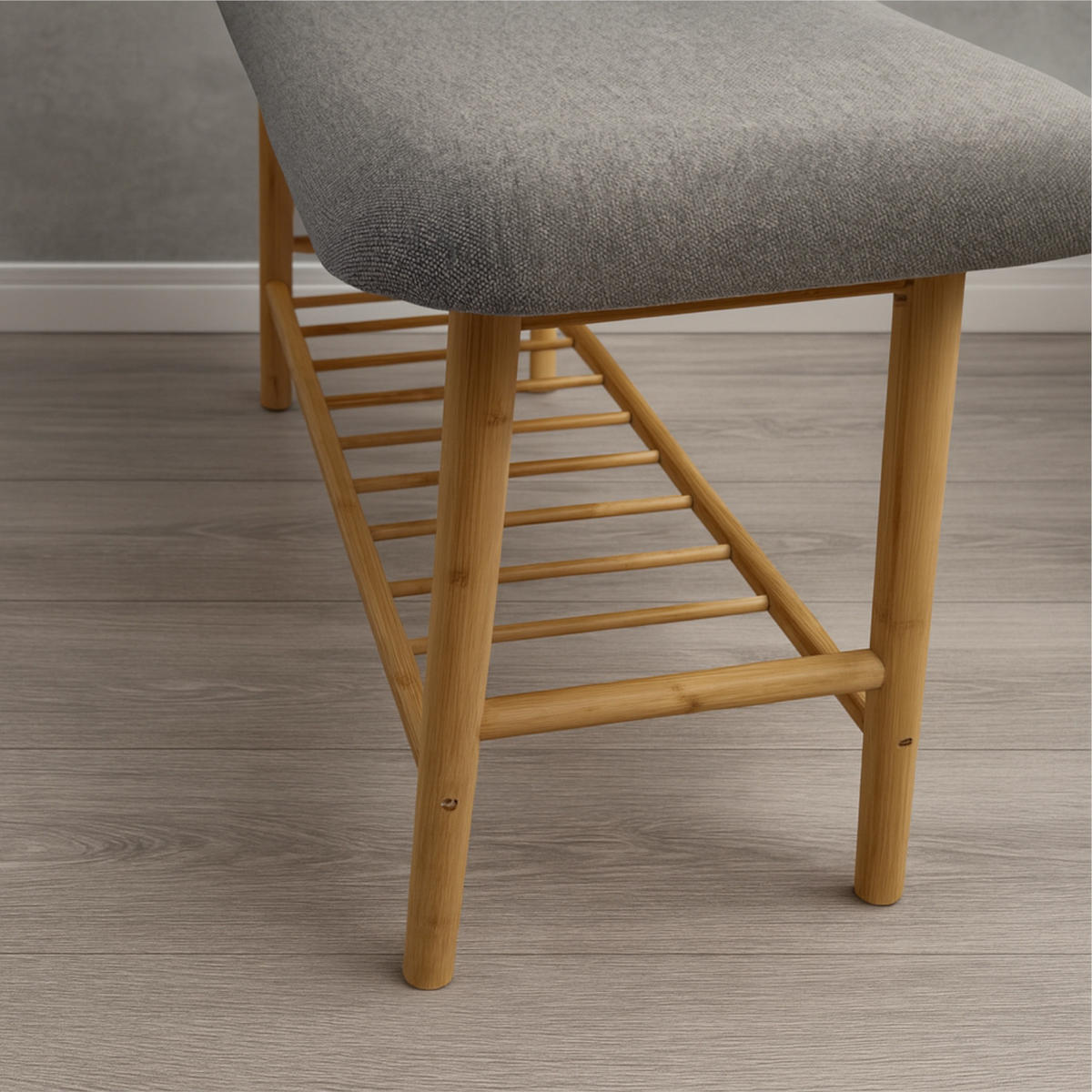 SCHUHBANK Bambus Grau Naturfarbe mit Stoffpolster & Ablage 90/30/43 cm - Grau, Holz/Textil (90/43/30cm) - Begryf