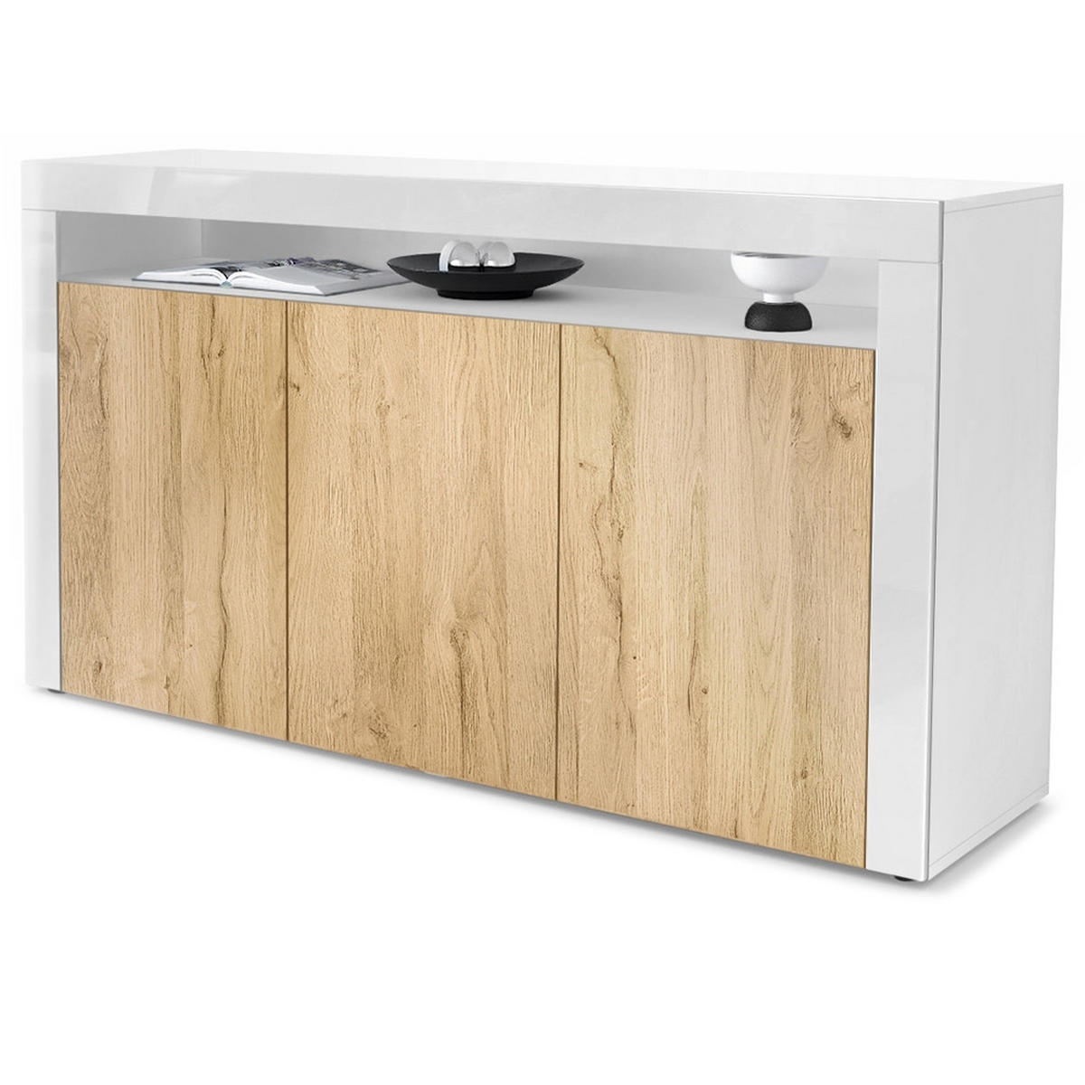 SIDEBOARD Valencia Eiche Natur/ Weiß Hochglanz - Eichefarben, Holzwerkstoff (155/92/40cm) - Vladon