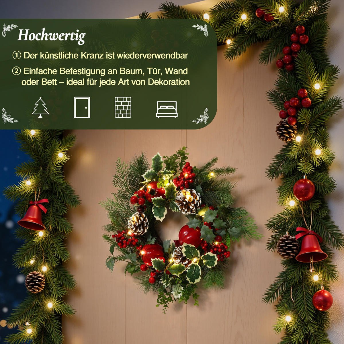 40CM Künstlicher Weihnachtskranz mit LED Beleuchtung & Timer - Grün, Kunststoff (44cm) - Hometopia