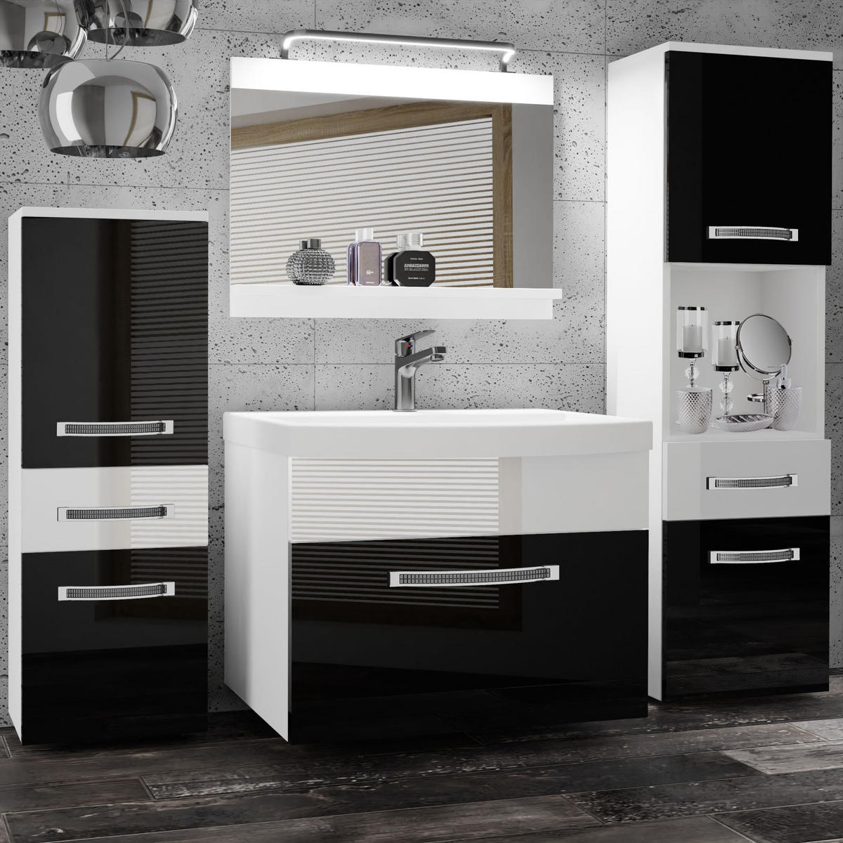 BADMÖBEL Badezimmer Schwarz Weiss Glänzend - Schwarz/Weiß, Holz (140/113/40cm) - B BELINI GROUP
