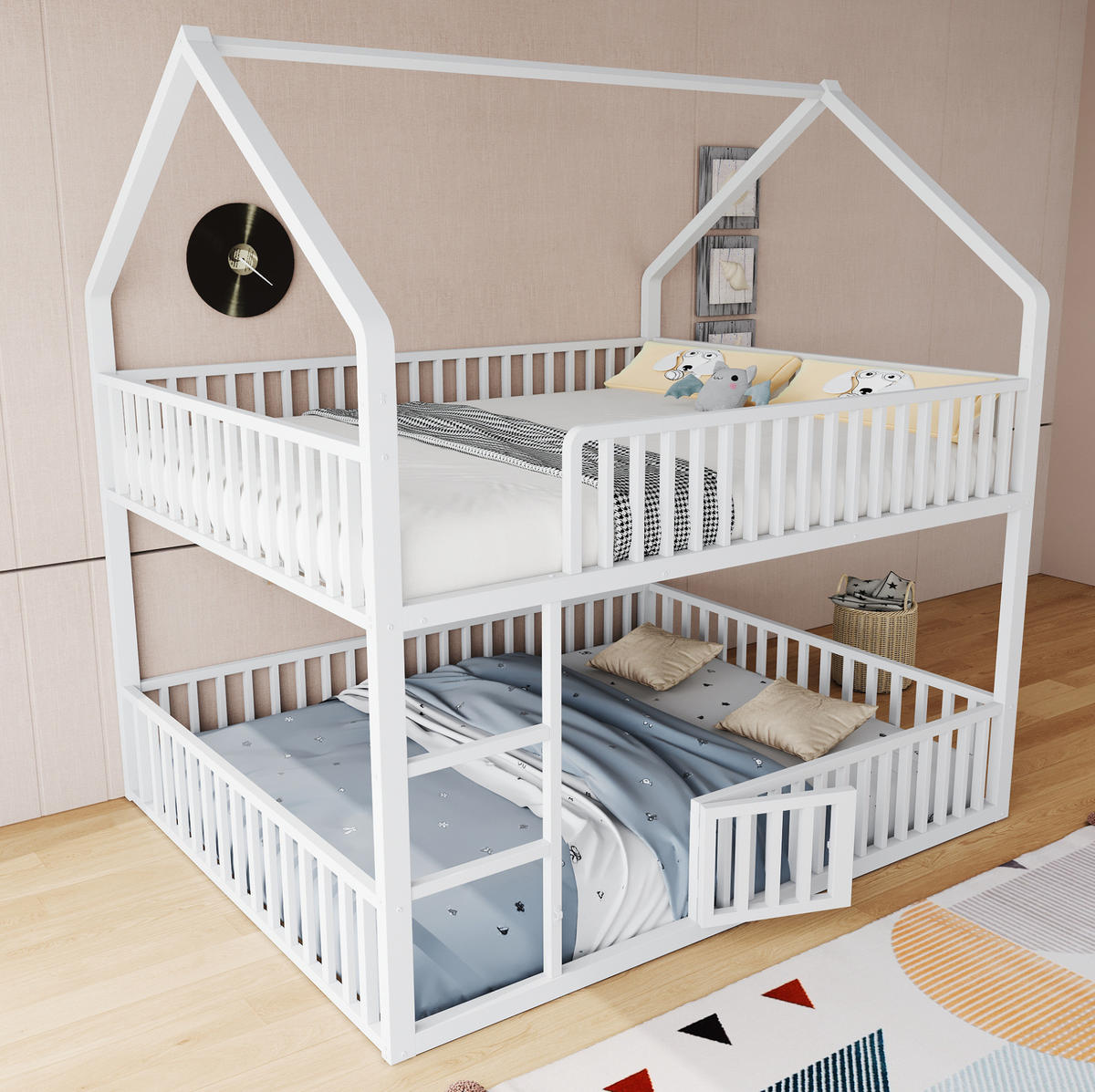 ETAGENBETT 90/140/200 cm in Weiß aus Metall mit Hausrahmen und Leiter - Weiß, Metall (140/200cm) - OKMYHOME