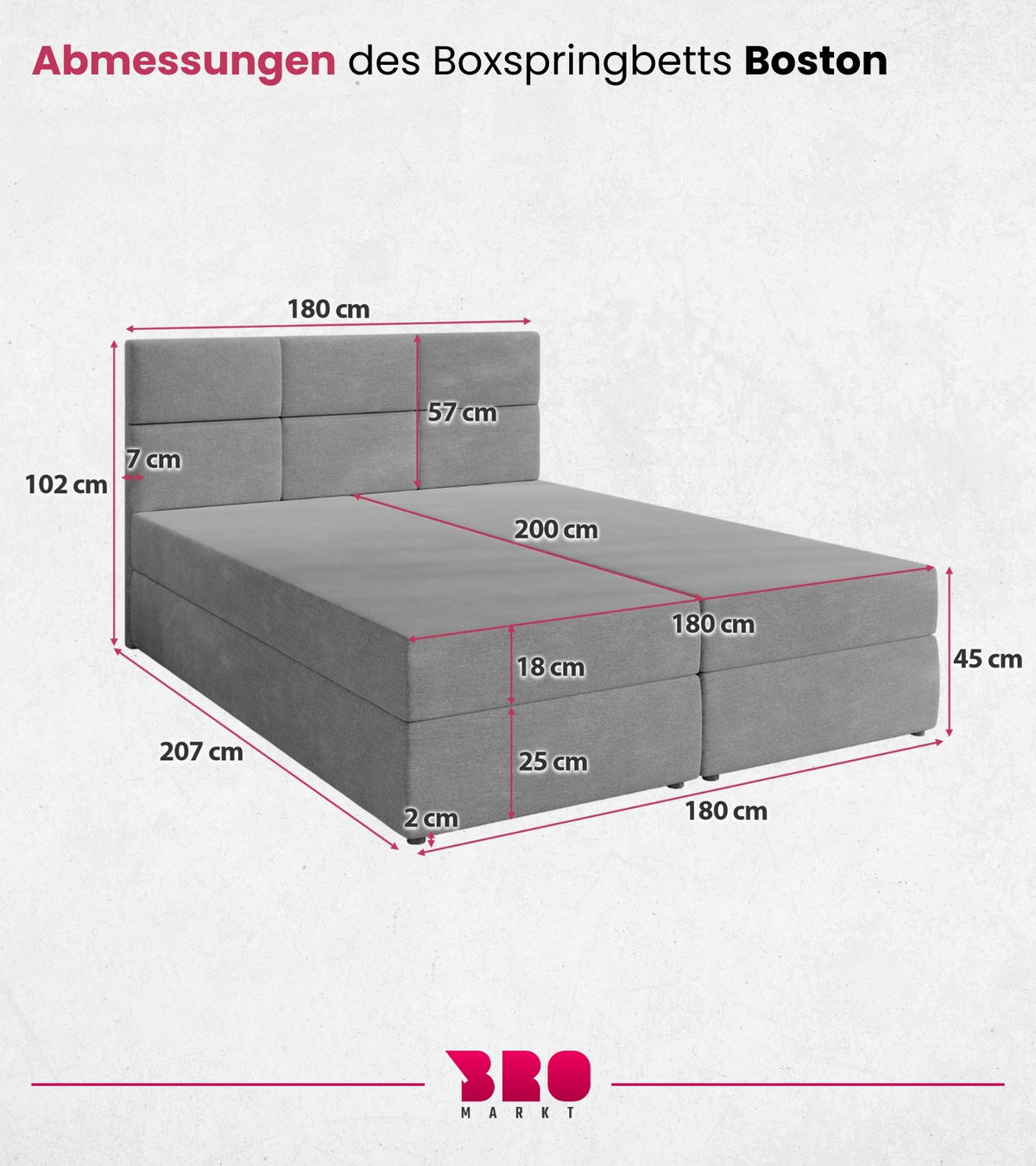 BOXBETT Boston mit Topper 180/200 Hellgrau - Hellgrau, Holzwerkstoff/Textil (180/200cm) - Bromarkt