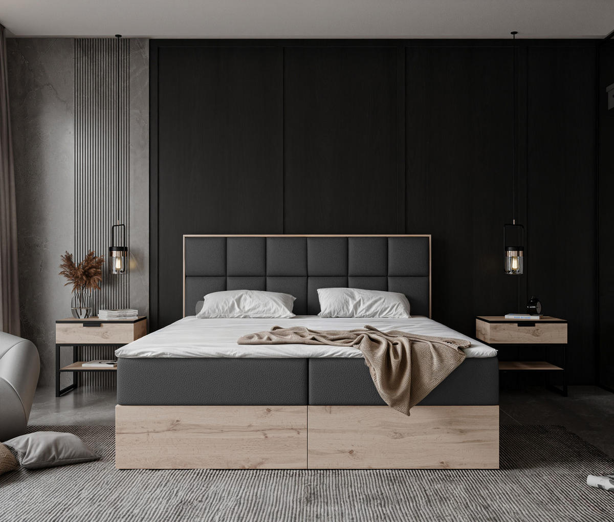 BOXBETT LAVIO II 160/200 cm, in Schwarz, mit Matratze und Topper - Schwarz, Holzwerkstoff/Textil (160/200cm) - Idohome