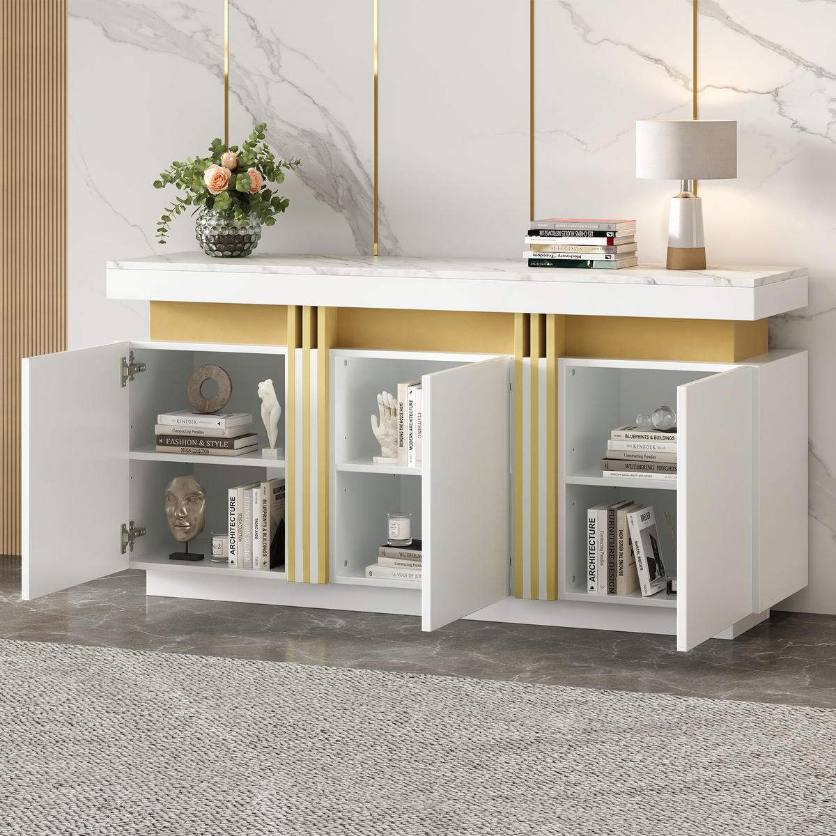 SIDEBOARD, 3 Türen, Verstellbar, Grifflose Fächer, Weiß, 140x38x70cm - Weiß, Holzwerkstoff (38/70/140cm) - FLIEKS