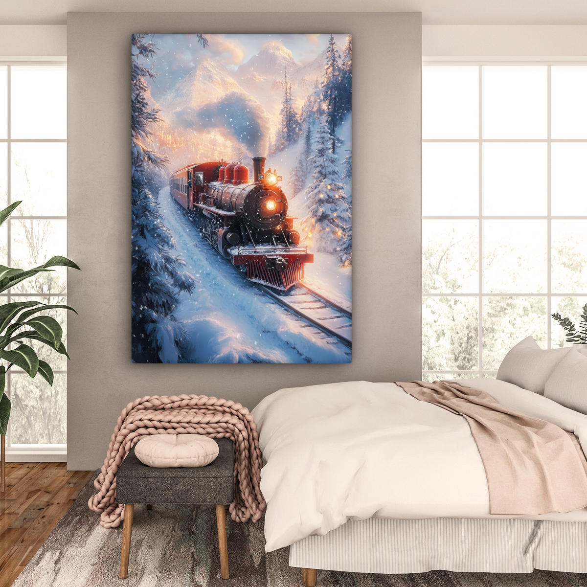 OBRAZ NA PLÁTNĚ Vánoční vlak - Sníh - Zima - Vánoce 90x140 cm - tmavě červená, textil (90/140cm) - MuchoWow