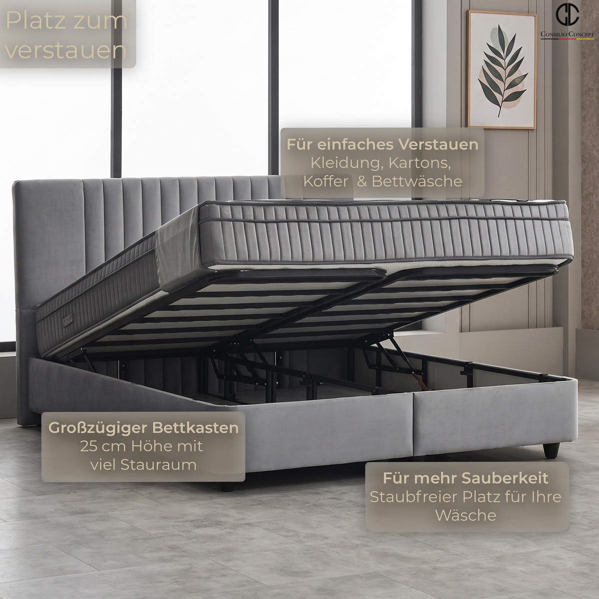 BOXSPRINGBETT MIT BETTKASTEN CARL 160/200 cm, Grau, Bettkasten, Matratze, Topper integriert, H3 mittel 7-Zonen Matratze - Schwarz/Grau, Holz/Kunststoff (160/200cm) - Consilio Concept