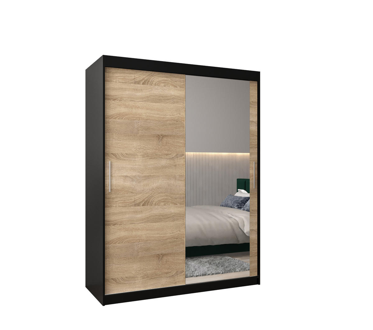 SCHWEBETÜRENSCHRANK 200/150/62 2-türig - Silberfarben/Schwarz, Holz/Kunststoff (150/200/62cm) - Abiks Möbel