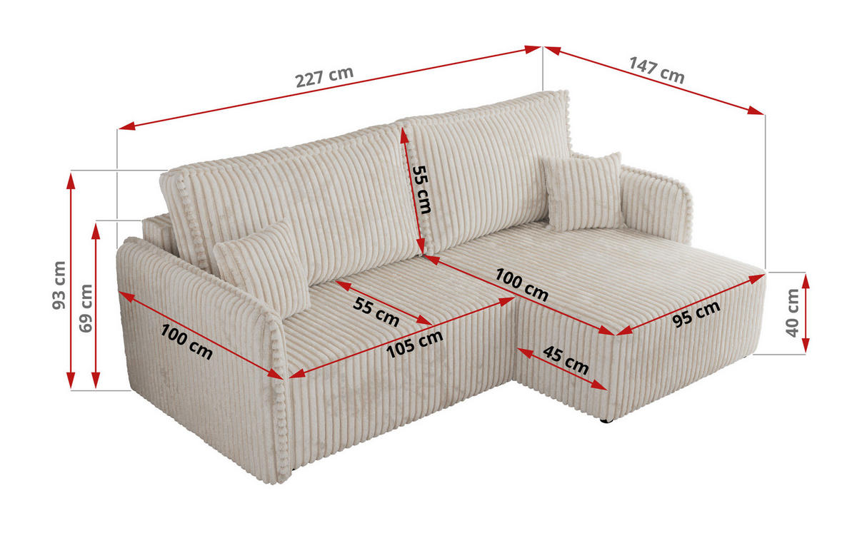 ECKSCHLAFSOFA MESTO L Beige Cord - rechts - Beige/Schwarz, Kunststoff/Textil (147/227cm) - MKS