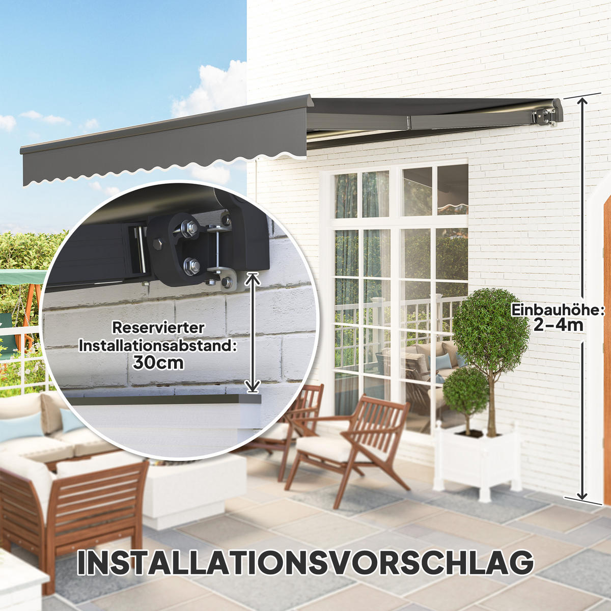 KLEMMMARKISE mit Handkurbel Solar-Lichte Gelenkarmmarkise Markise Sonnenschutz UV 50+ 400 cm breit Grau - Grau, Metall (395/150/300cm)