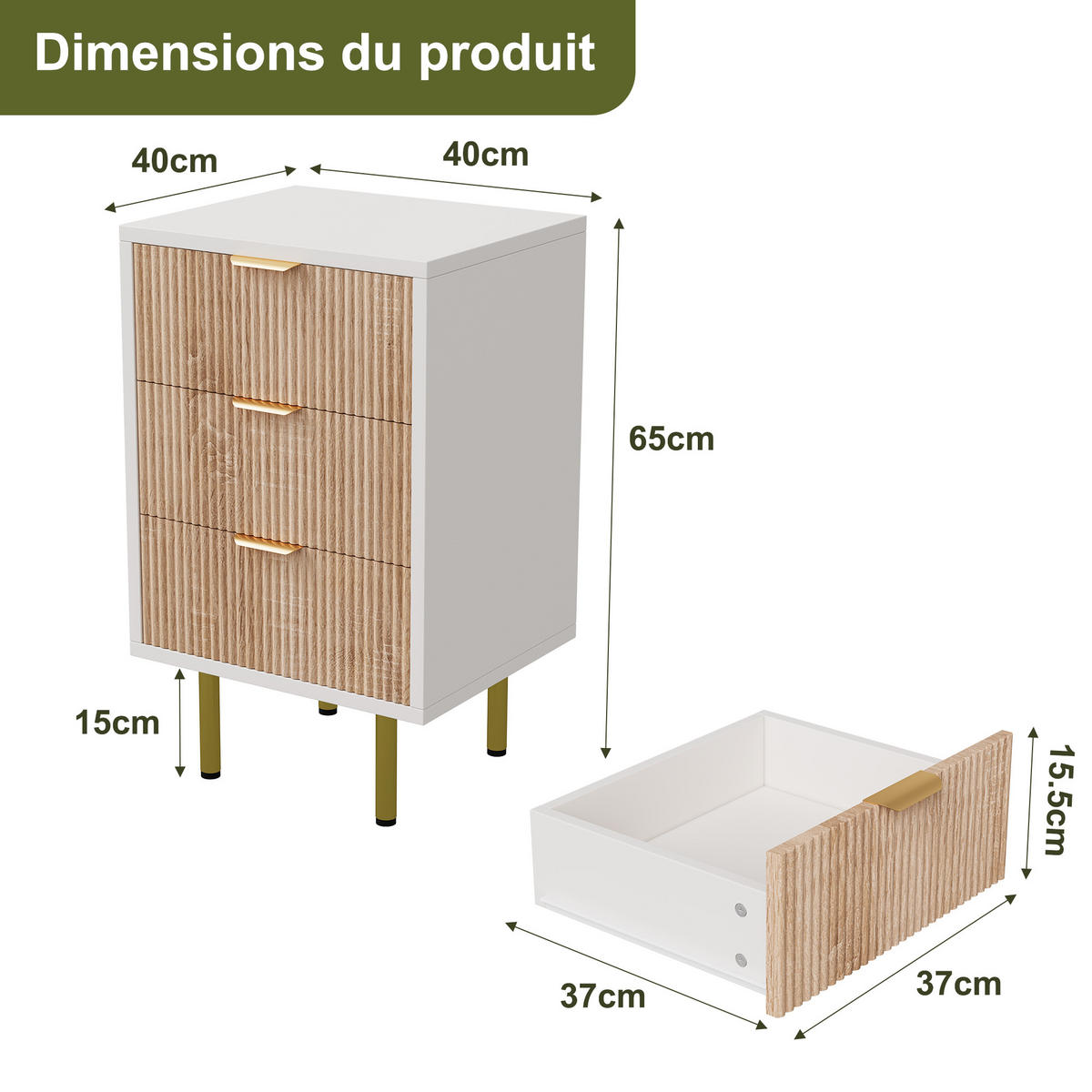 NACHTTISCH 2er-Set, 3 Schubladen, Boho-Stil, Naturholz mit Metallgriffen, 40 x 40 x 65 cm - Weiß, Holz (40/65/40cm)