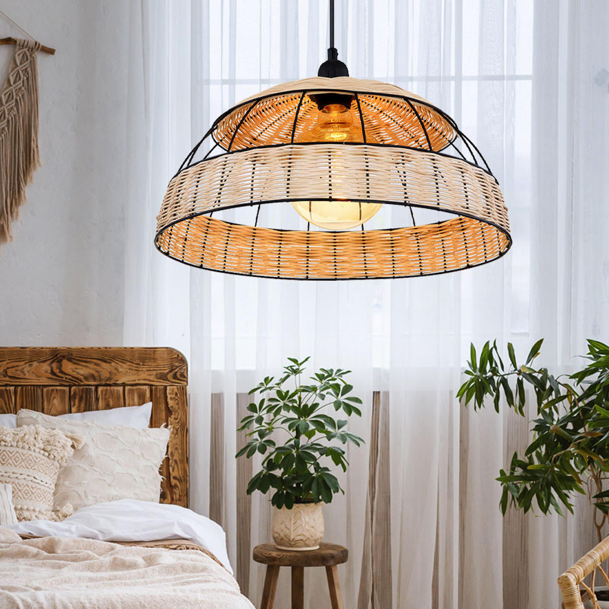 LED HÄNGELEUCHTE Rattan Braun Gitteroptik - Braun, Holz (40/40/120cm) - Globo Lighting
