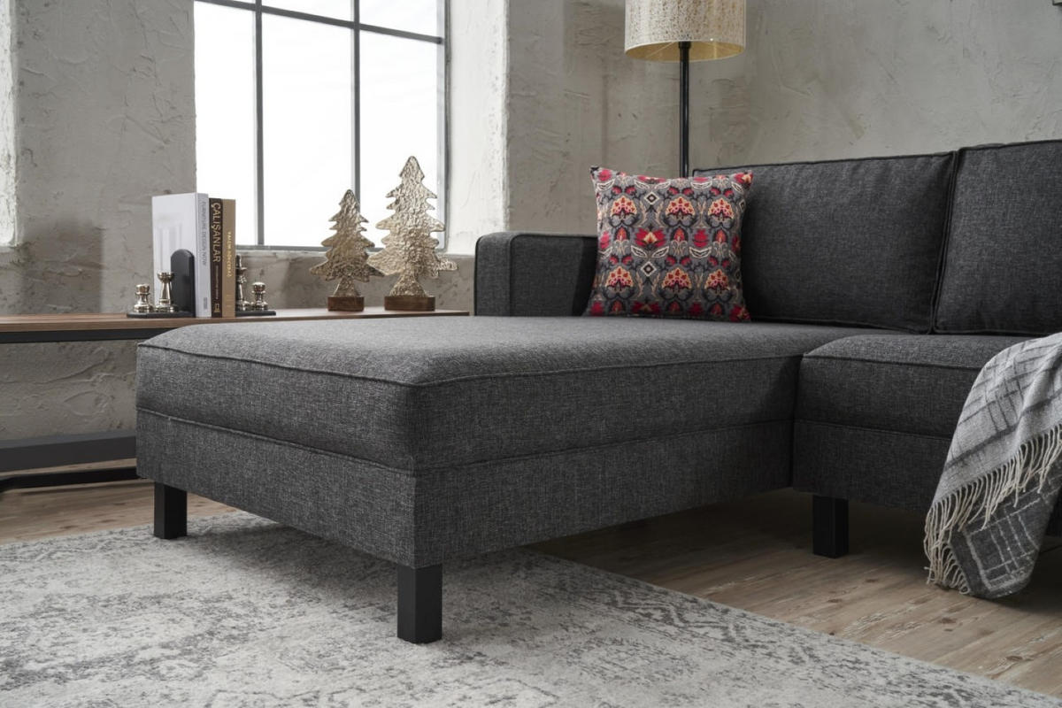 ECKSOFA mit elegantem Leinen-Bezug - Anthrazit/Schwarz, Buchenholz/Textil (258/187cm) - myHomelando