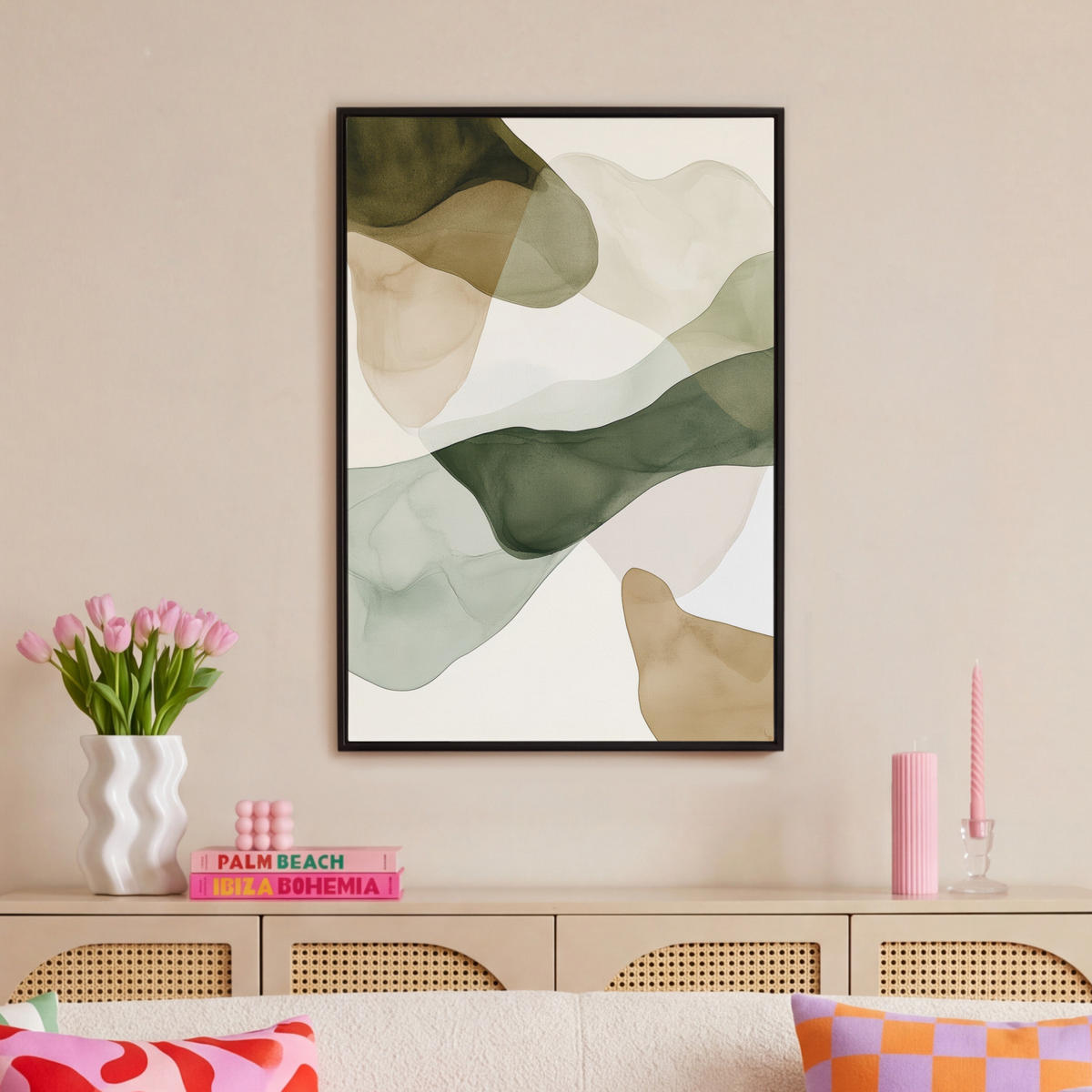 LEINWAND Bilder mit Rahmen - Japandi - Abstrakt - Grün - 60x90 - Salbeigrün, Textil (60/90cm) - MuchoWow
