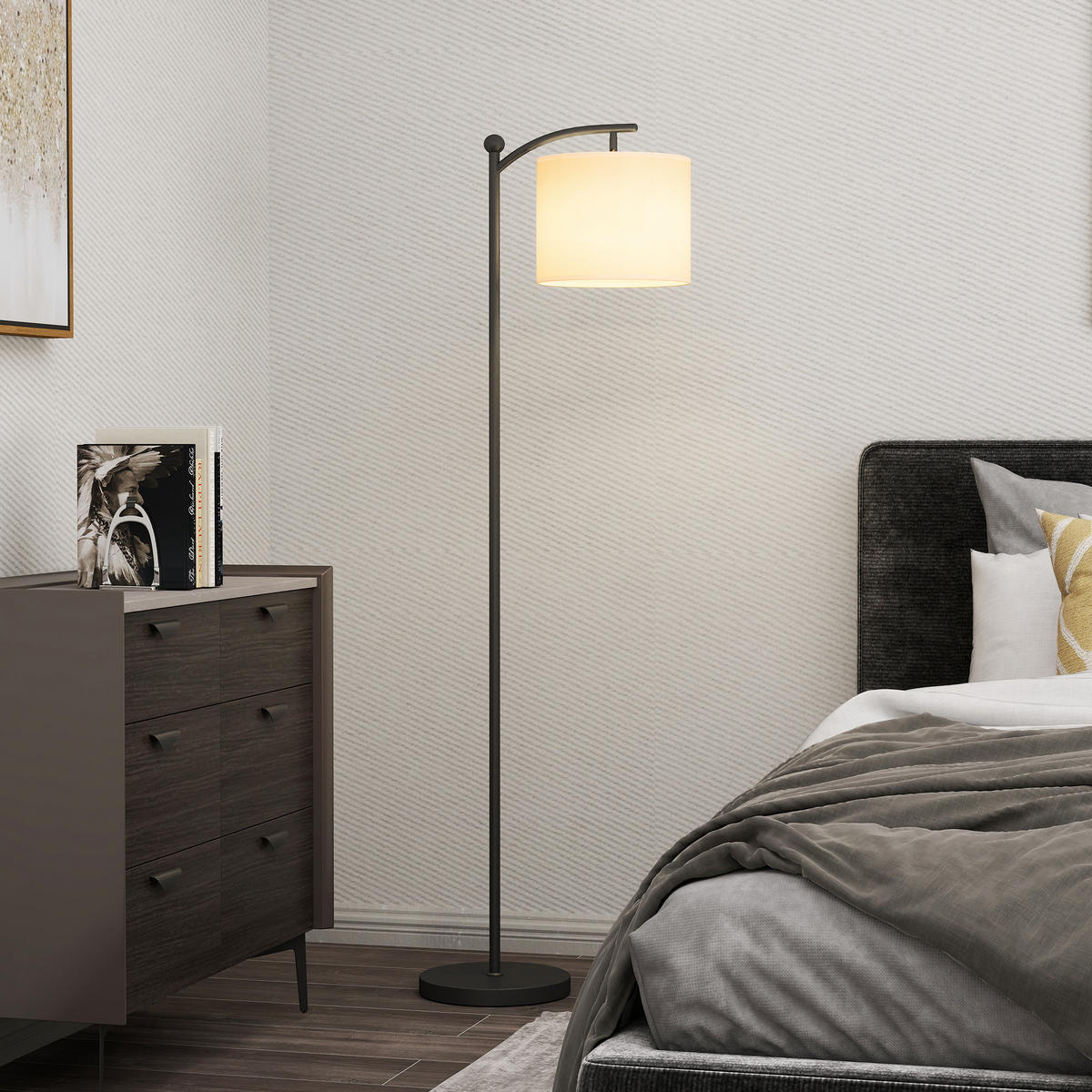 LED Stehlampe Stufenlos Dimmbar Stehleuchte mit Lampenschirm aus Stoff - Schwarz, Metall (54.3/30.6/159.6cm) - HOMCOM
