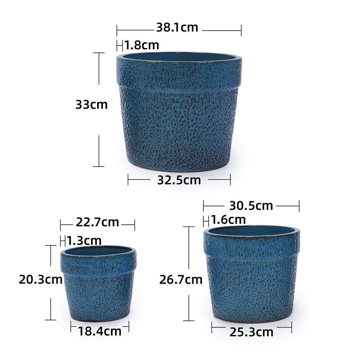 BLUMENTOPF Ø 38,1/30,5/22,9 cm Antikblau (3 Stück) - Dunkelblau, Keramik (38.1/33cm) - Oxeza