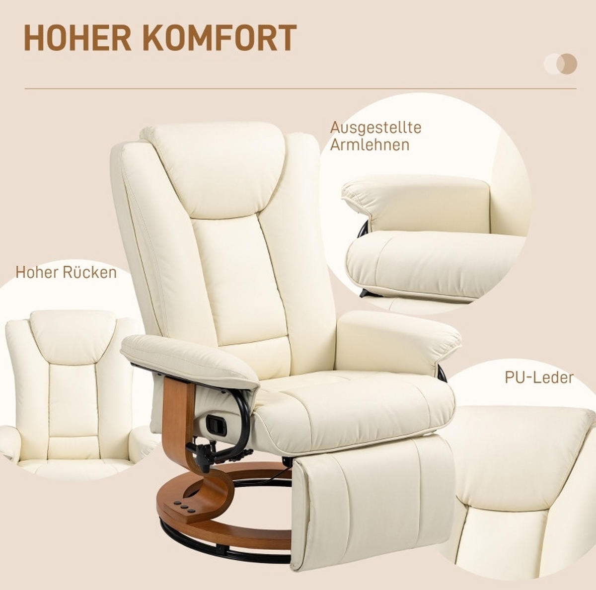 RELAXSESSEL Kunstleder mit Liegefunktion, Fußstütze 78/88/103 cm Cremeweiß - Creme, Kunststoff (88/103/78cm) - Redom