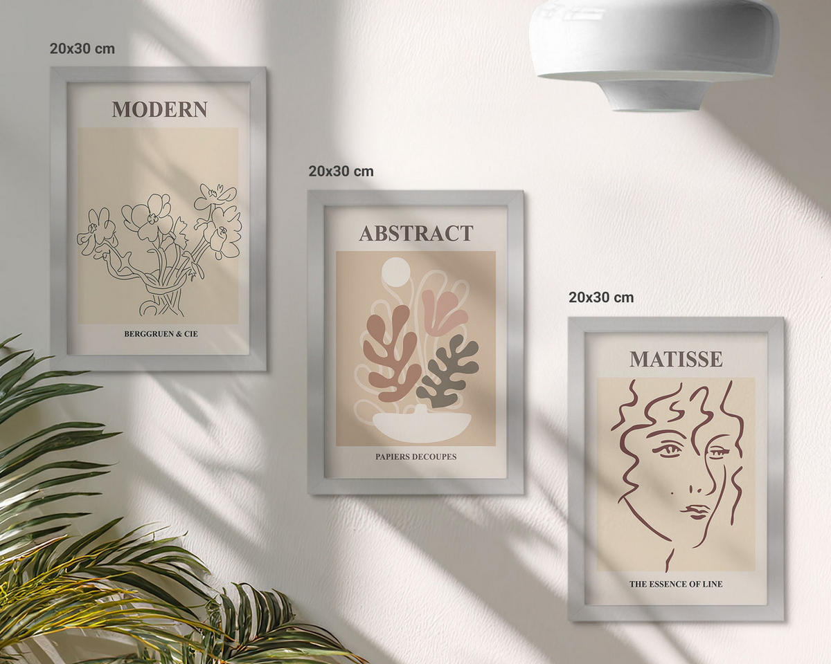 WANDBILDER 3er Set - 20x30 cm Silberner Rahmen - Moderne Pflanzenlinien - Silberfarben, Kunststoff (20/30cm) - ArtPrintCave