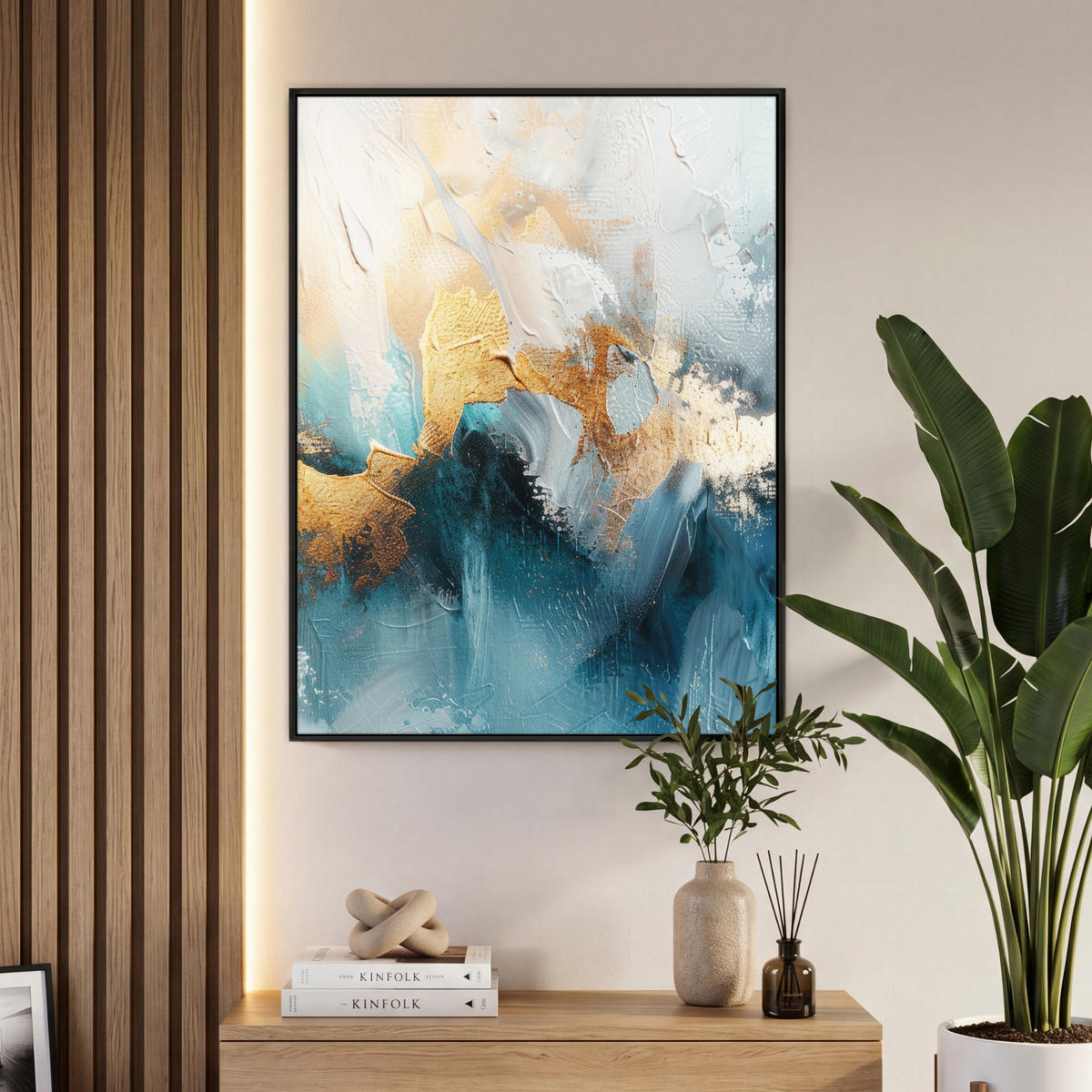LEINWAND Bilder mit Rahmen - Abstrakt - Kunst - Gold - Blau - 70x100 - Petrol, Textil (70/100cm) - MuchoWow