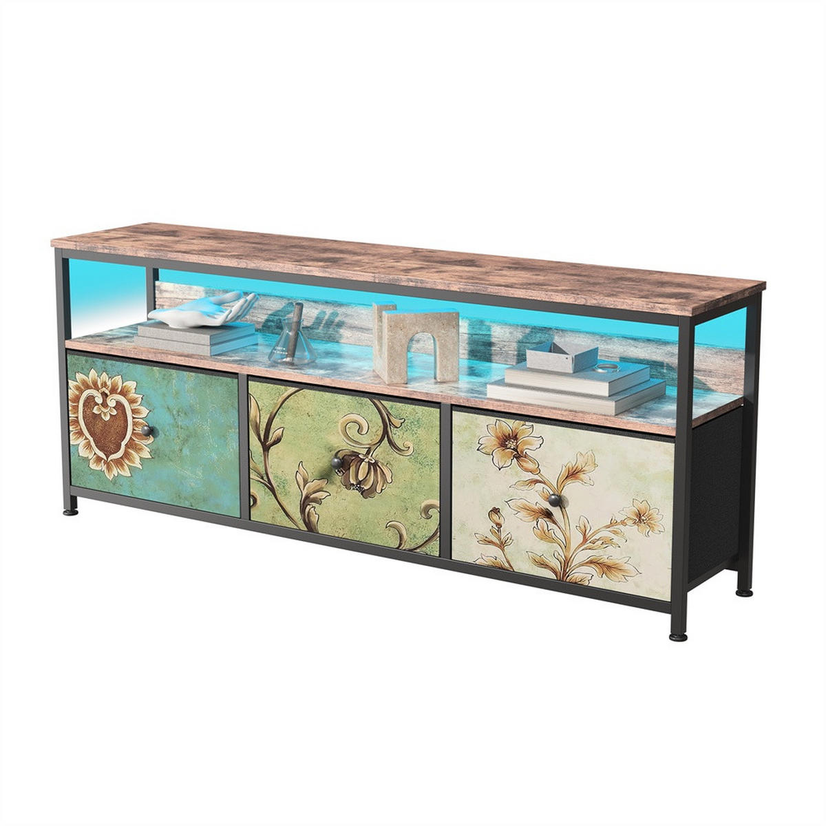 TV-LOWBOARD 137x29.8x57 cm - TV-Schrank mit LED-Beleuchtung und bunten Stoffschubladen - Mehrfarbig - Multicolor, Holzwerkstoff (29.8/57/137cm) - DELFA