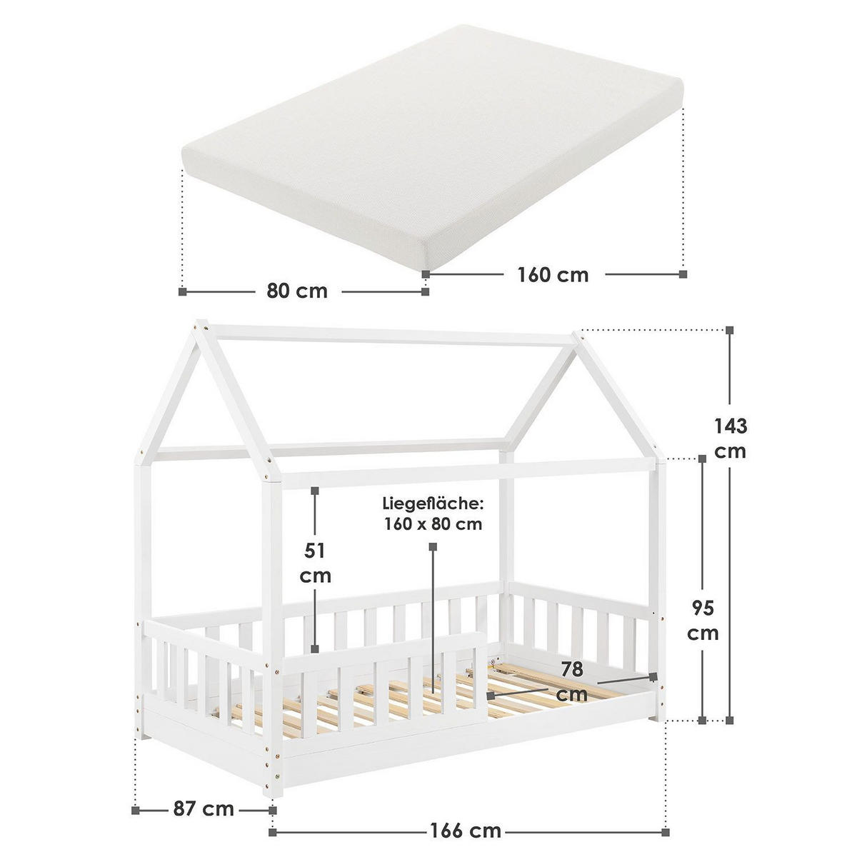 KINDERBETT Marli mit Matratze weiß 80x160 cm - Weiß, Holzwerkstoff (80/160cm) - Juskys