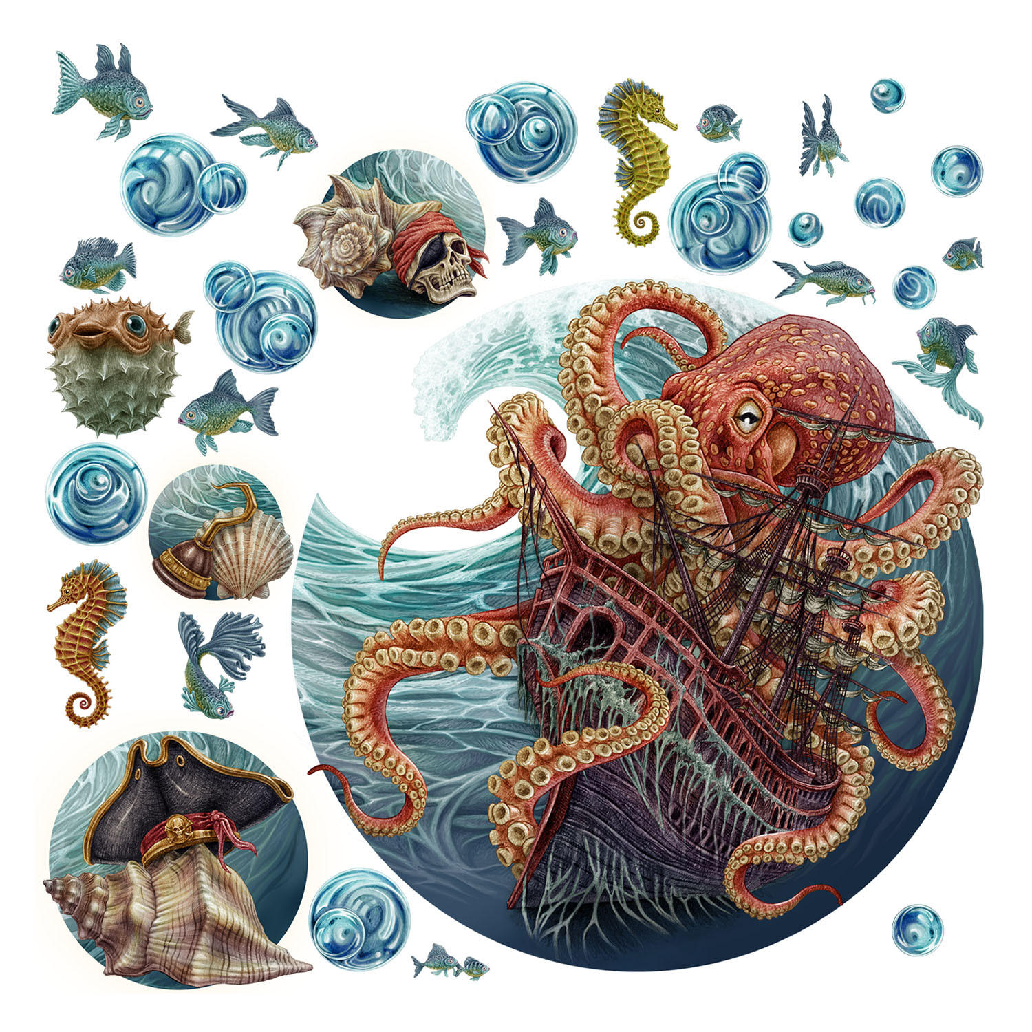 AUFKLEBER 130x156 cm Unterwasserwelt Oktopus - Blau, Kunststoff (130/156/0.1cm) - TULUP