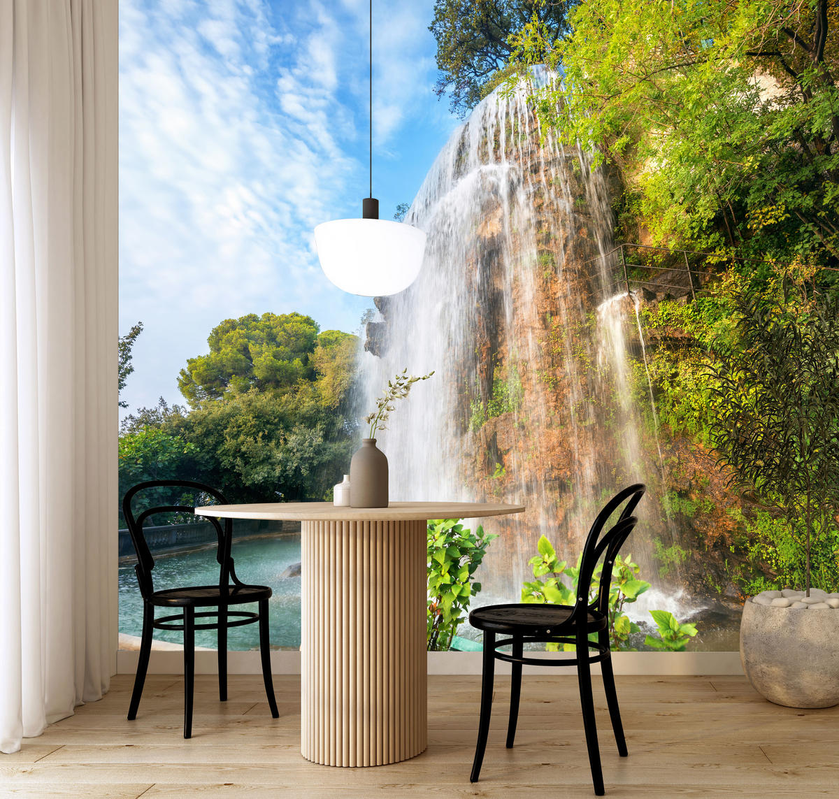 FOTOTAPETE für Wohnzimmer Wasserfall Nizza Felsen Pflanzen Bäume 400x280 - Blau/Beige, Papier (400/280cm) - Muralo