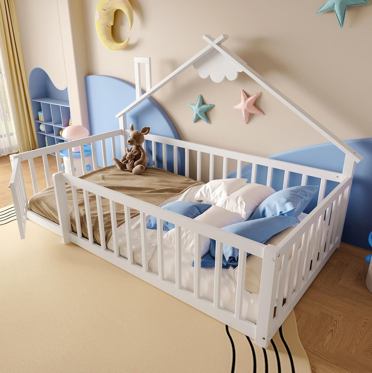 POLSTERBETT 90/190 cm Weiß aus Kiefernholz mit Hausrahmen und Sicherheitsgeländer - Weiß, Holz (90/190cm) - BEAOK