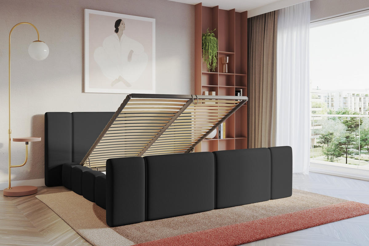 POLSTERBETT mit Bettkasten, Fußteil und Lattenrost, Bett mit Matratze H3/H4 - NILO-Z 120x200 Schwarz - Schwarz Hochglanz, Holzwerkstoff/Textil (120/200cm) - ALTDECOR