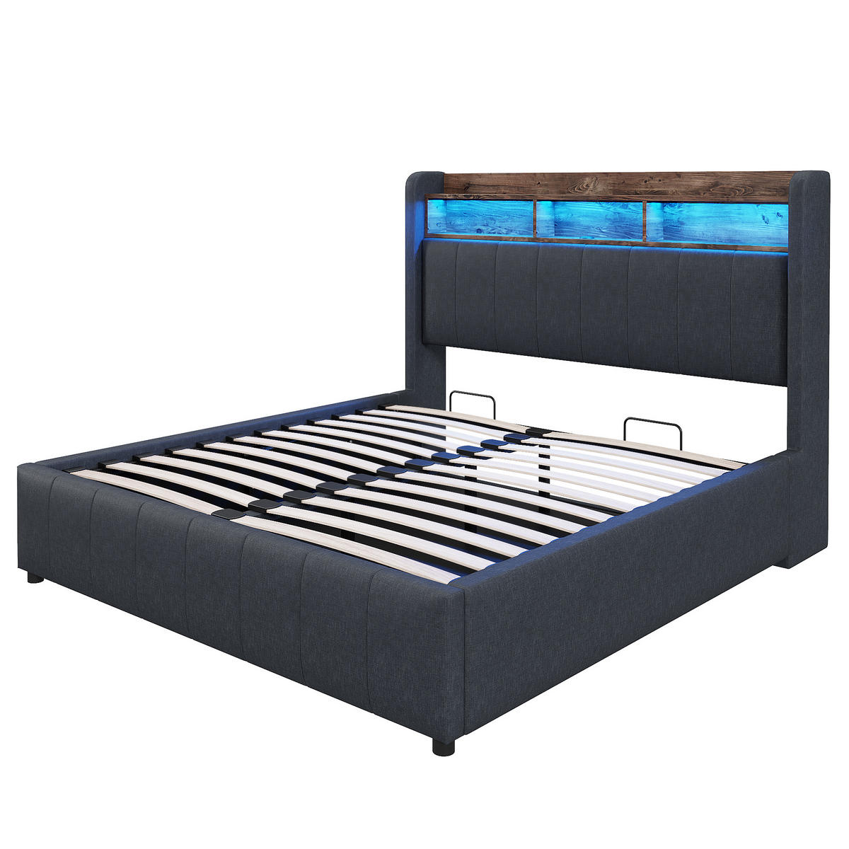 POLSTERBETT 140/200 cm grau mit LED-Beleuchtung und USB-Anschlüssen, hydraulisches Stauraumsystem - Grau, Textil (140/200cm) - OKWISH