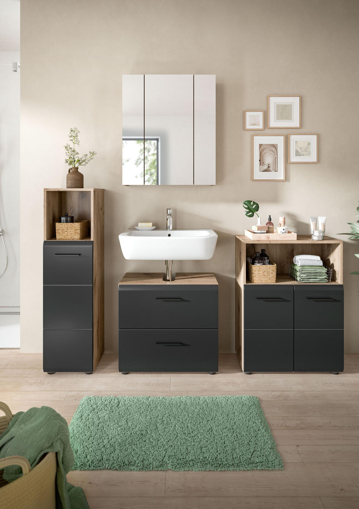 BADEZIMMER Alba 4-tlg. (B/H/T: ca. 180/185/30 cm) in Nox Oak /schwarz matt - Eichefarben, Holz (180/185/30cm)